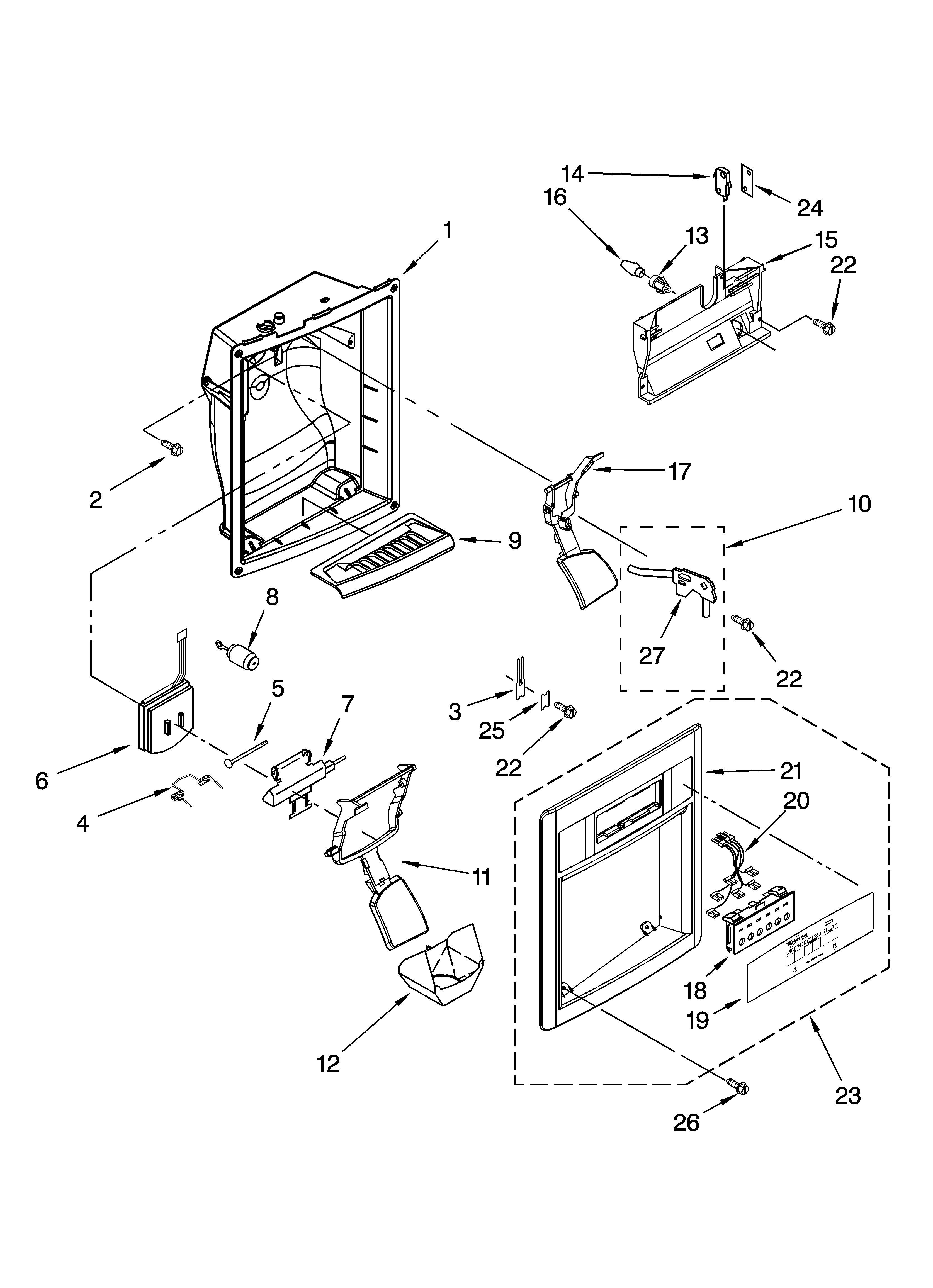 Whirlpool 3XES0GTQNL00 dispenser front parts diagram