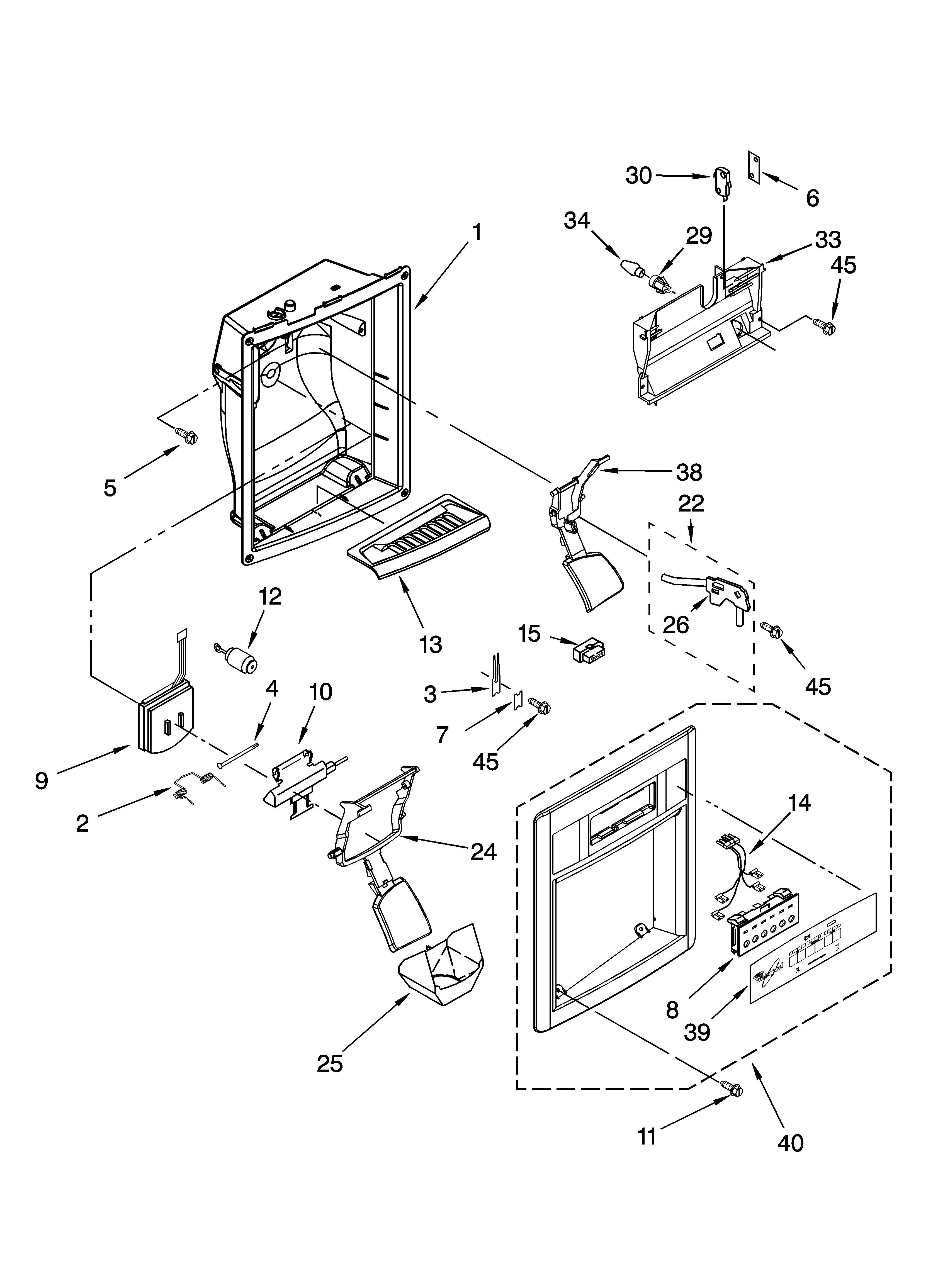 Whirlpool 3XES0FHGNS00 dispenser front parts diagram