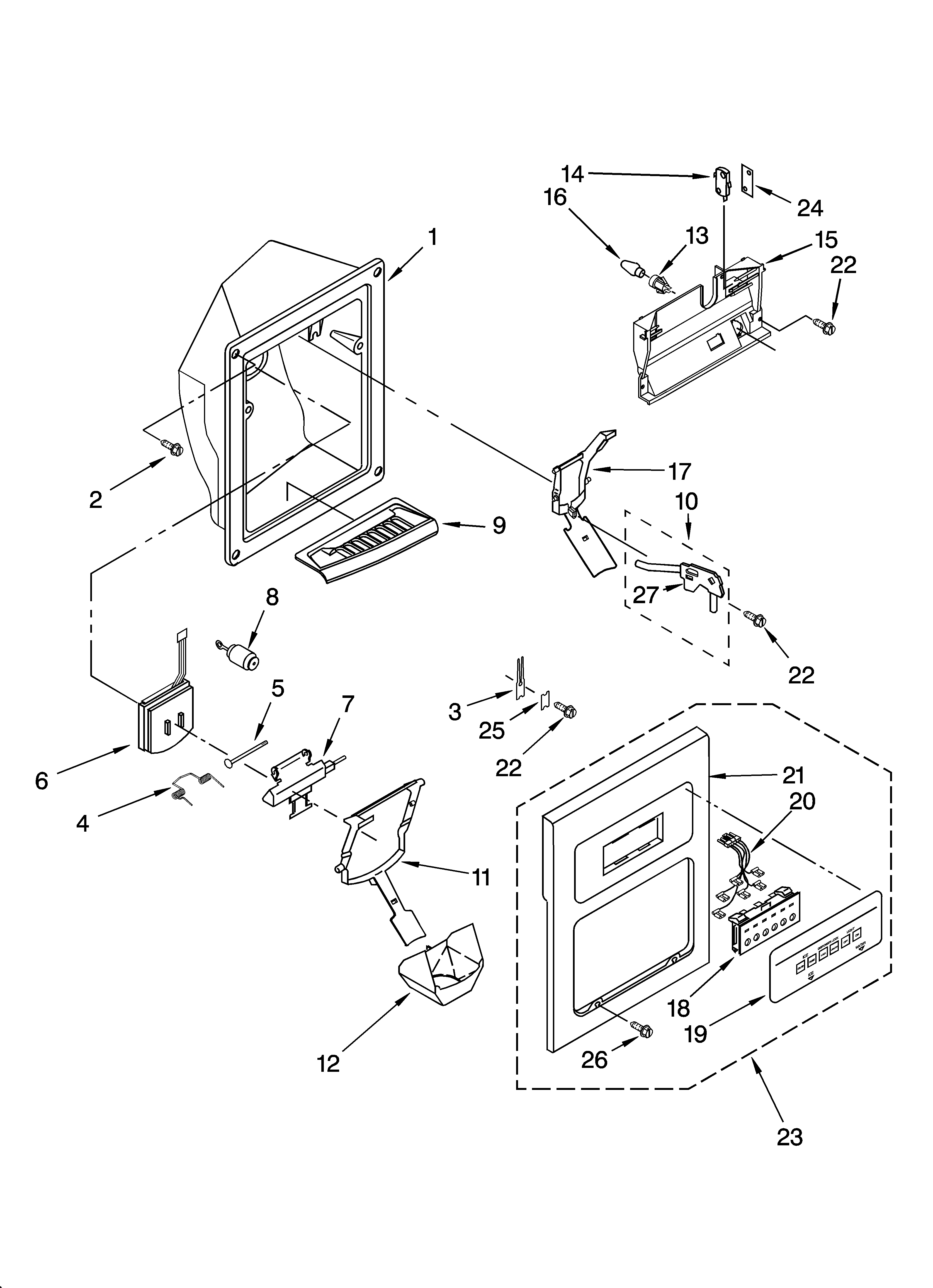 Whirlpool 5VGS3SHGKQ00 dispenser front parts diagram