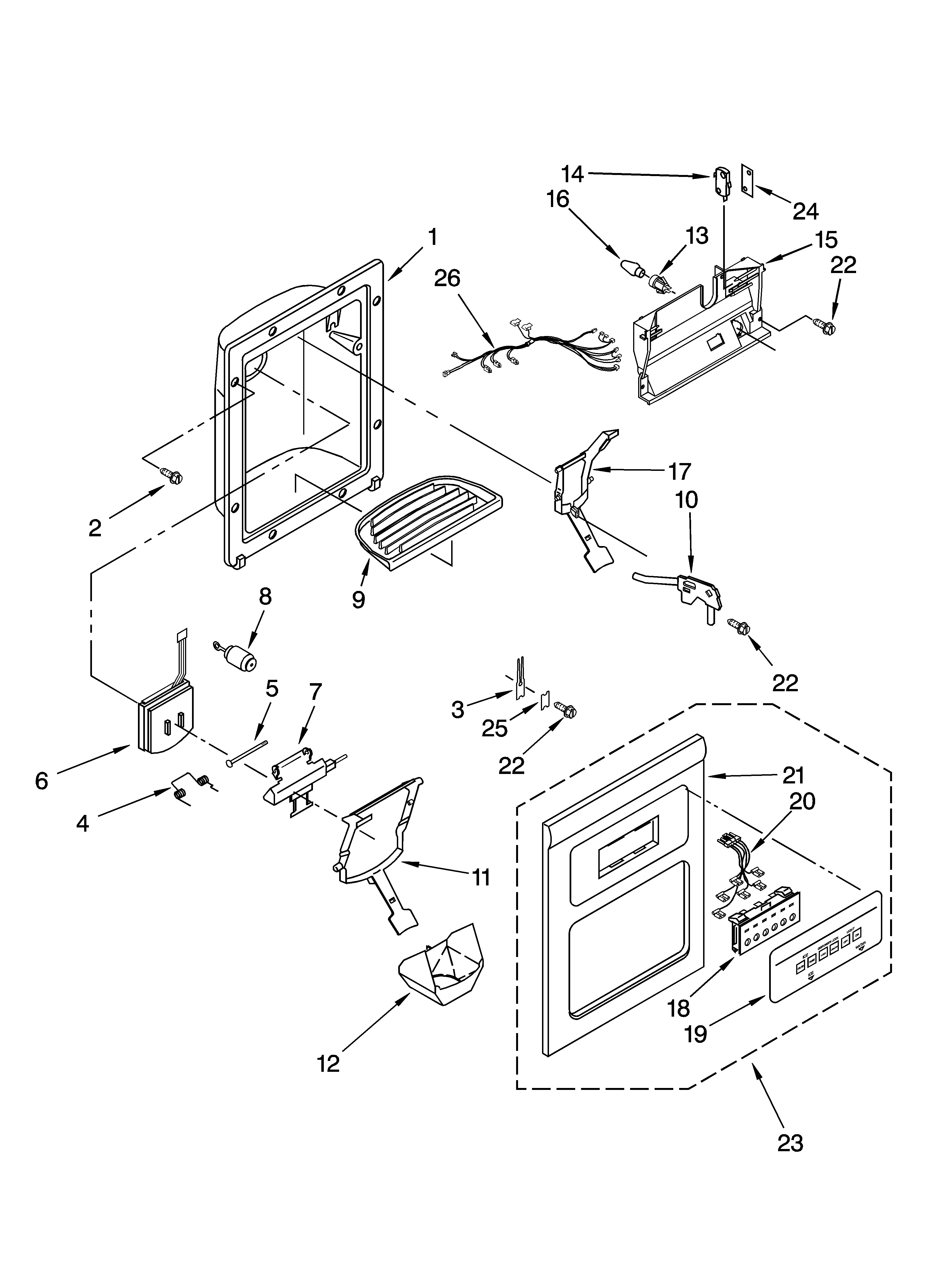 Whirlpool GD25FFCHT00 dispenser front parts diagram