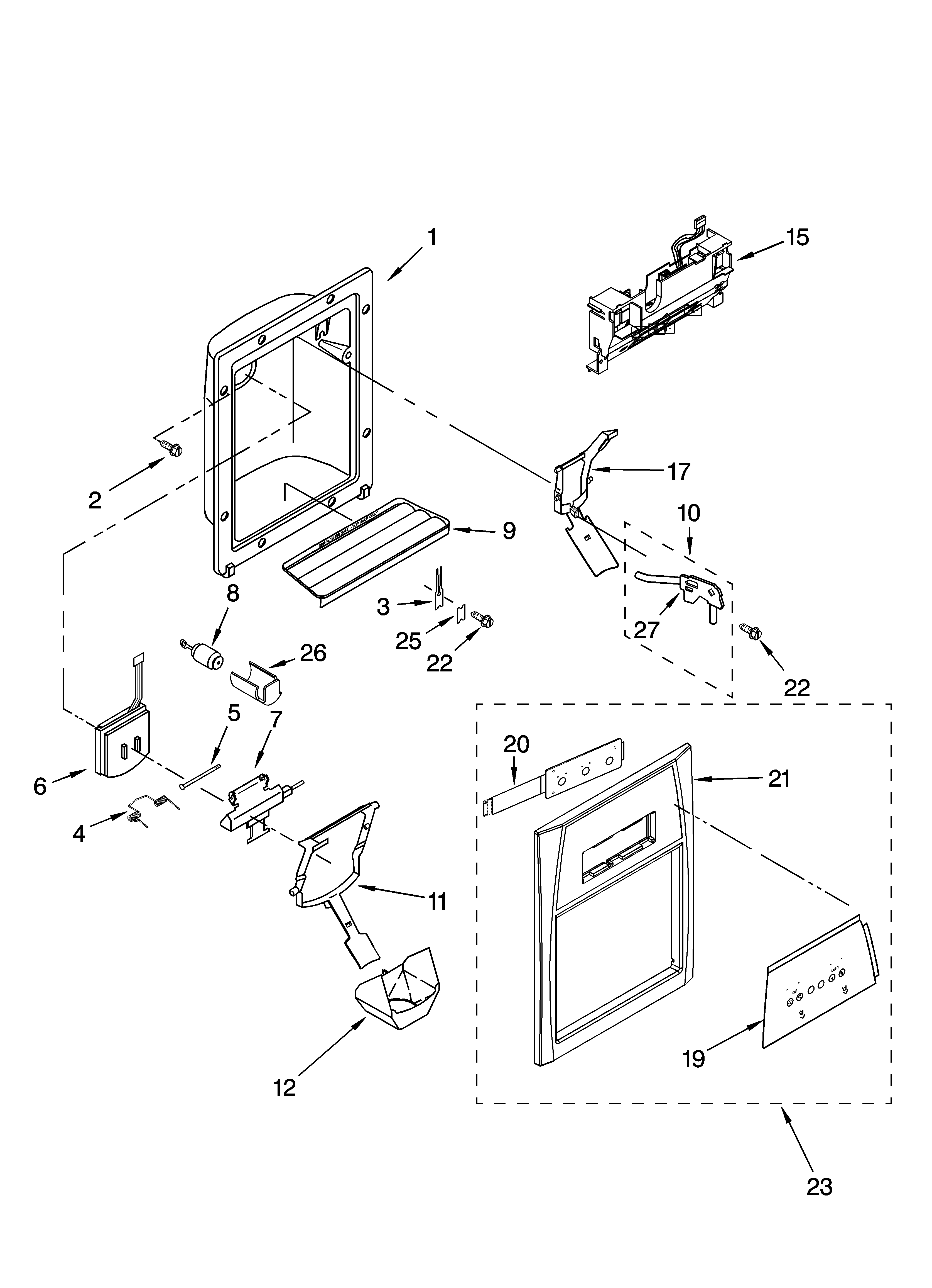 Whirlpool GS6SHAXMS00 dispenser front parts diagram