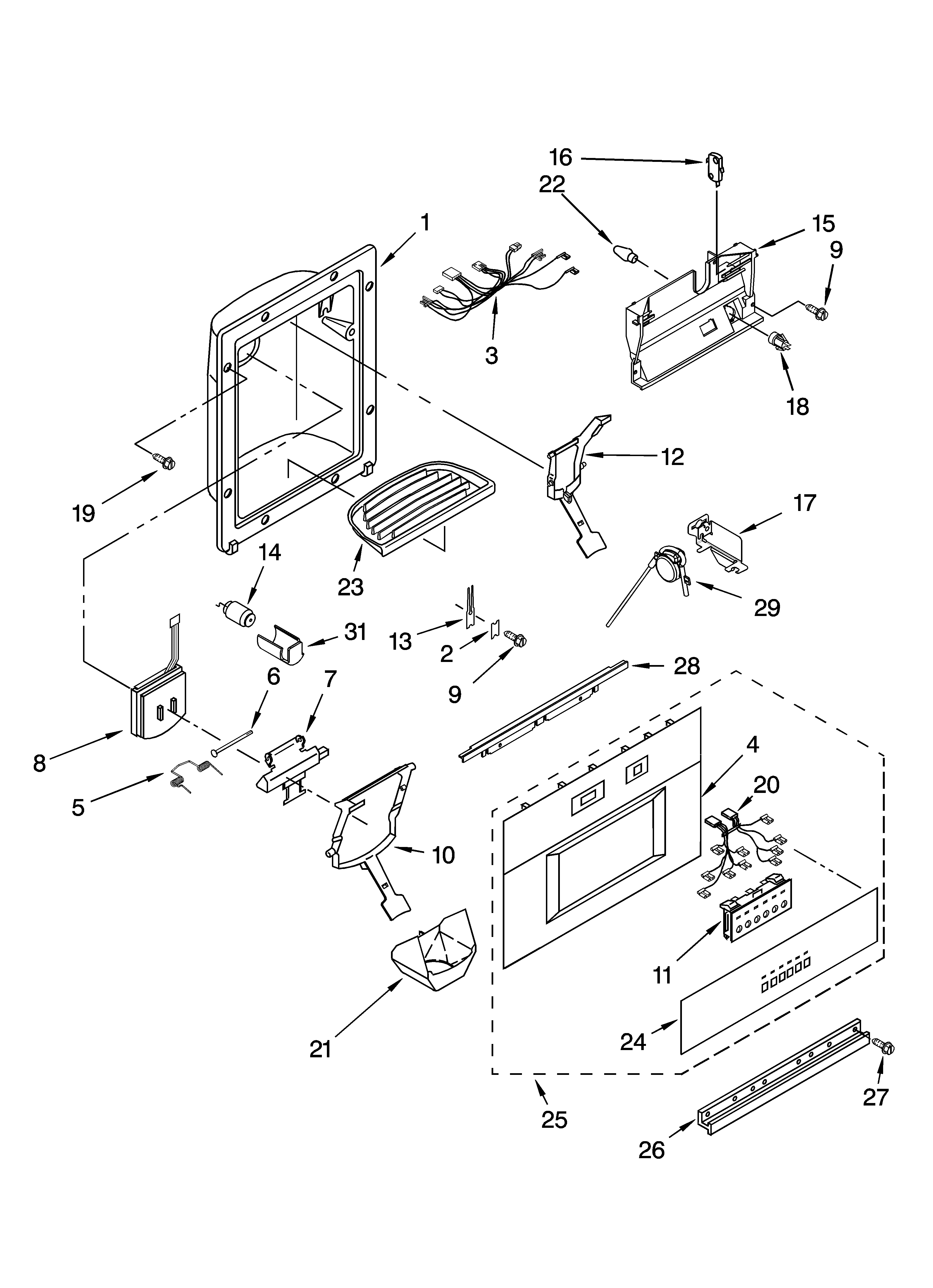KitchenAid KSSP48QMS01 dispenser and front parts diagram