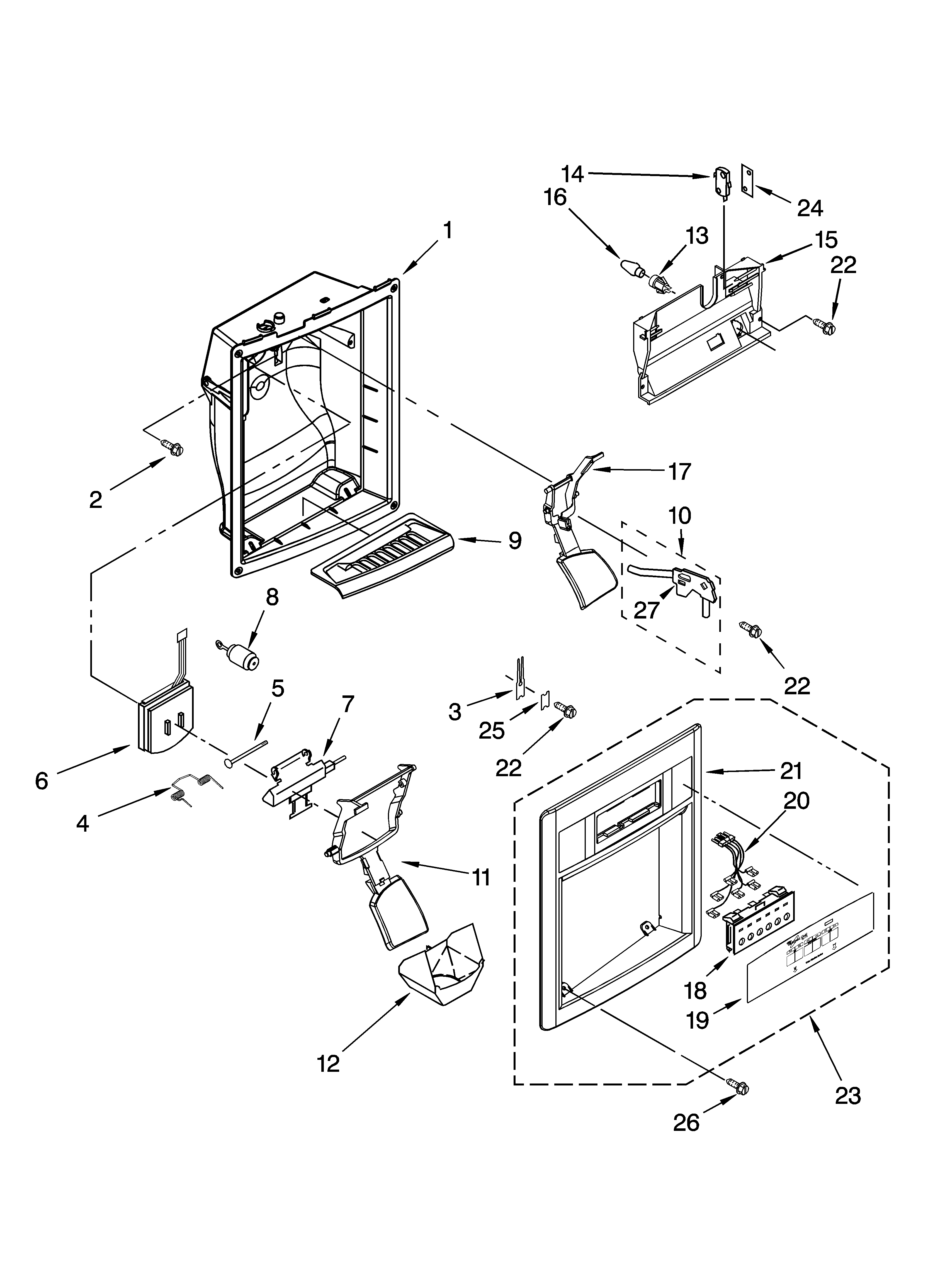 Whirlpool 5VGS3SHGKQ03 dispenser front parts diagram