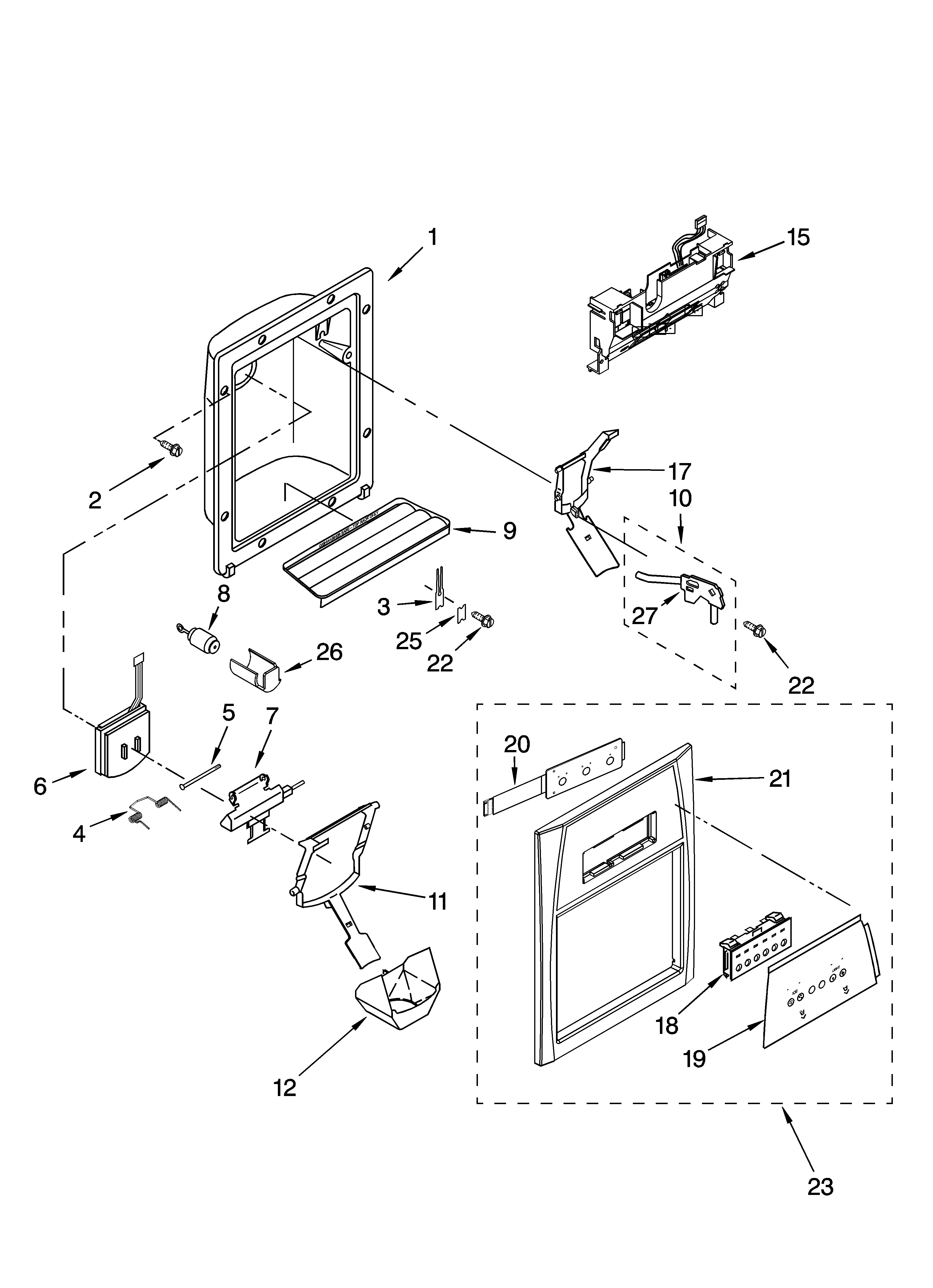 Whirlpool 7GS6SHEXPQ00 dispenser front parts diagram
