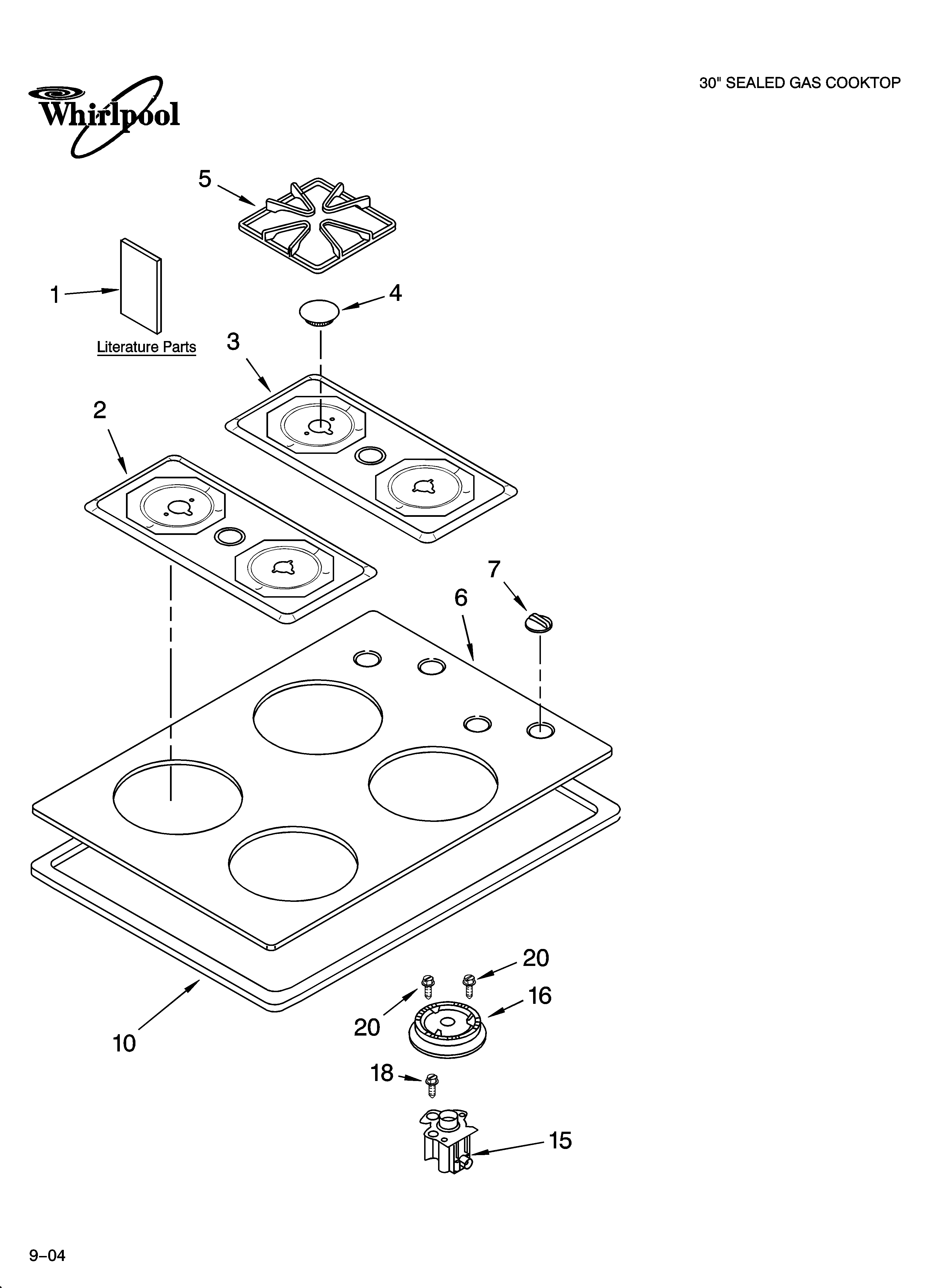 Whirlpool GLT3034LB2 cooktop, burner and grate parts diagram