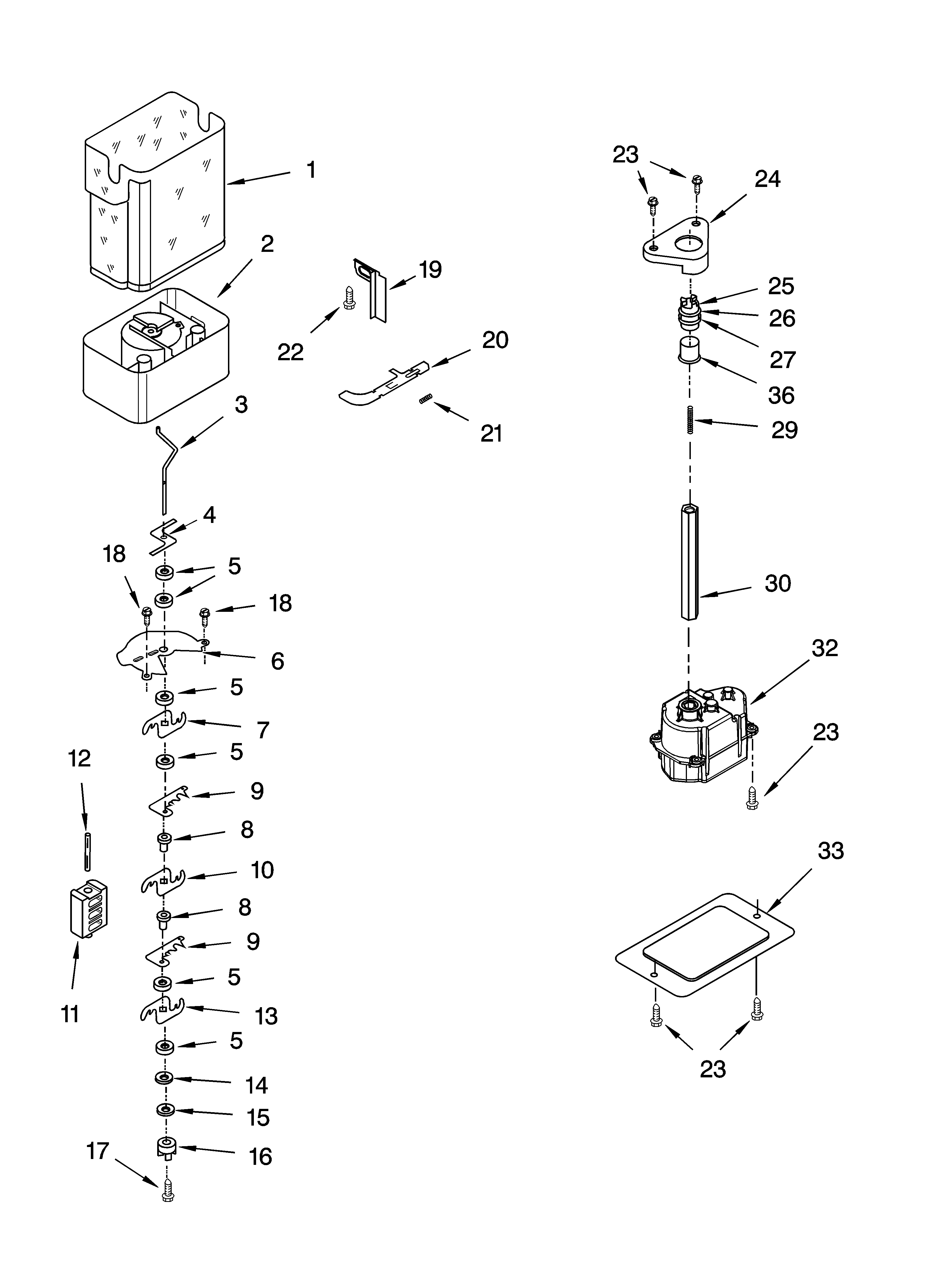KitchenAid KSRI25FNWH00 motor and ice container parts diagram