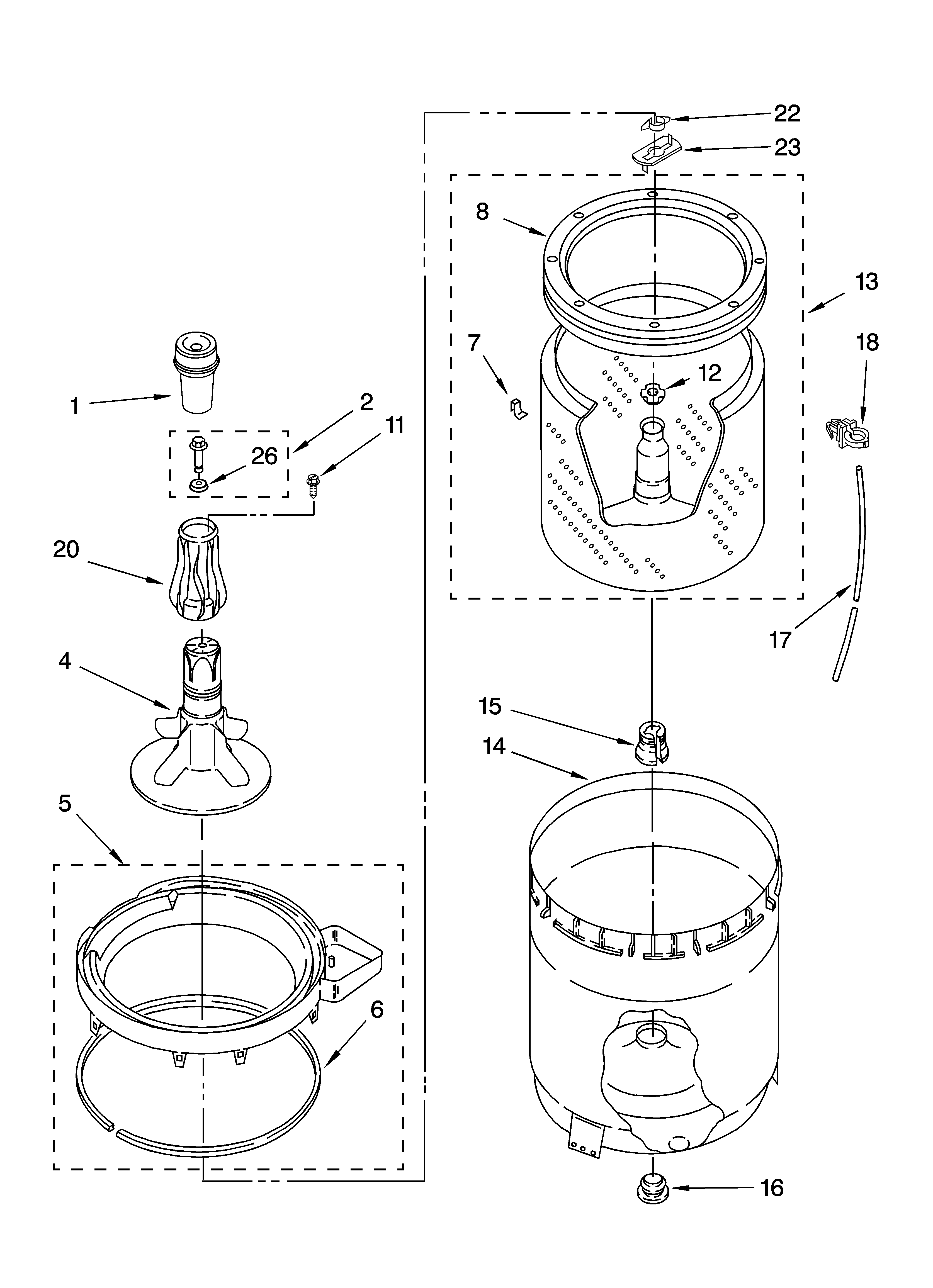 Whirlpool 7MLBR8444PT0 agitator, basket and tub parts diagram
