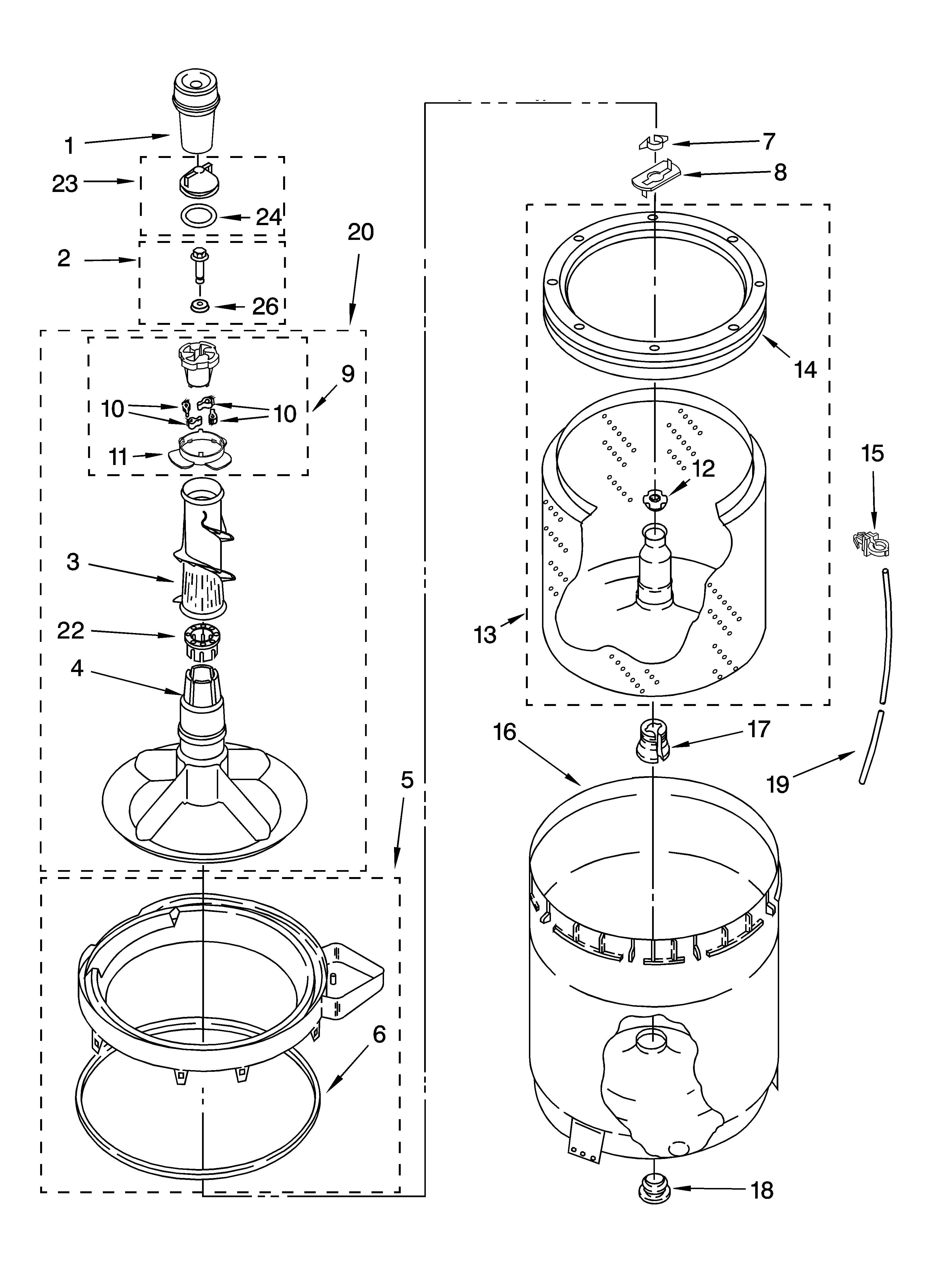 Whirlpool 7MLSC9000PW0 agitator, basket and tub parts diagram