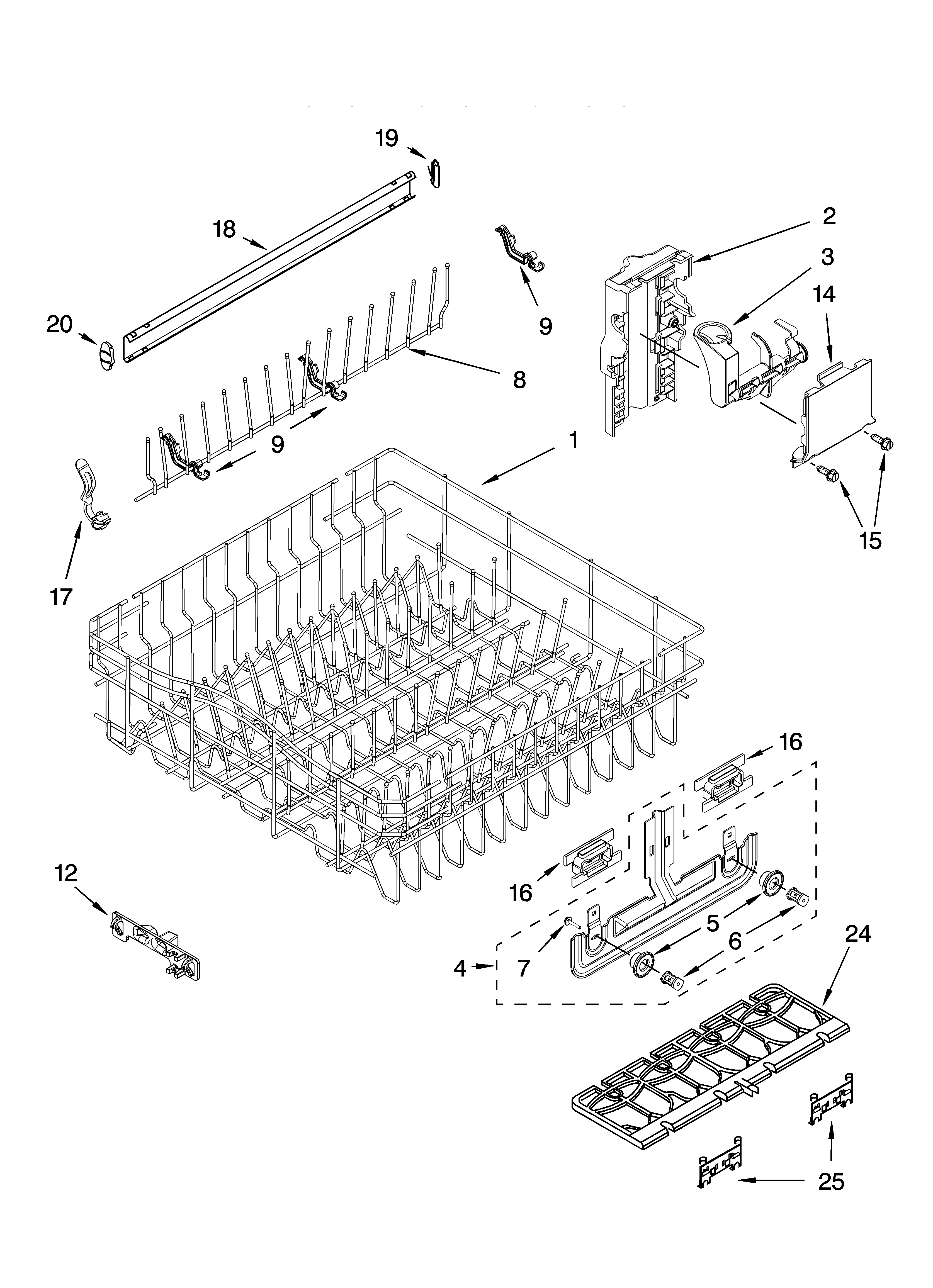 Whirlpool GU2548XTPQ0 upper rack and track parts diagram