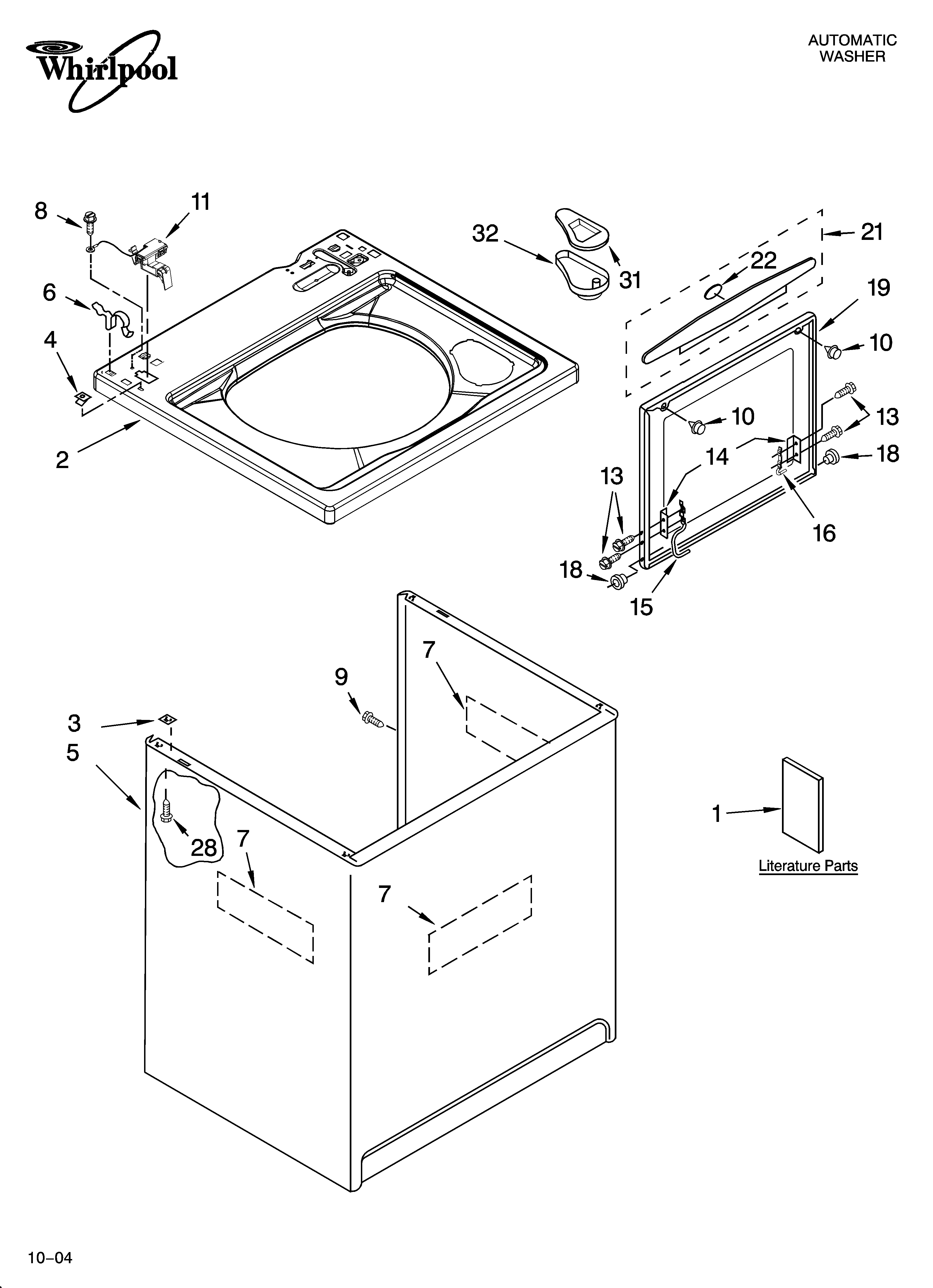 Whirlpool LSB6500PW1 top and cabinet parts diagram