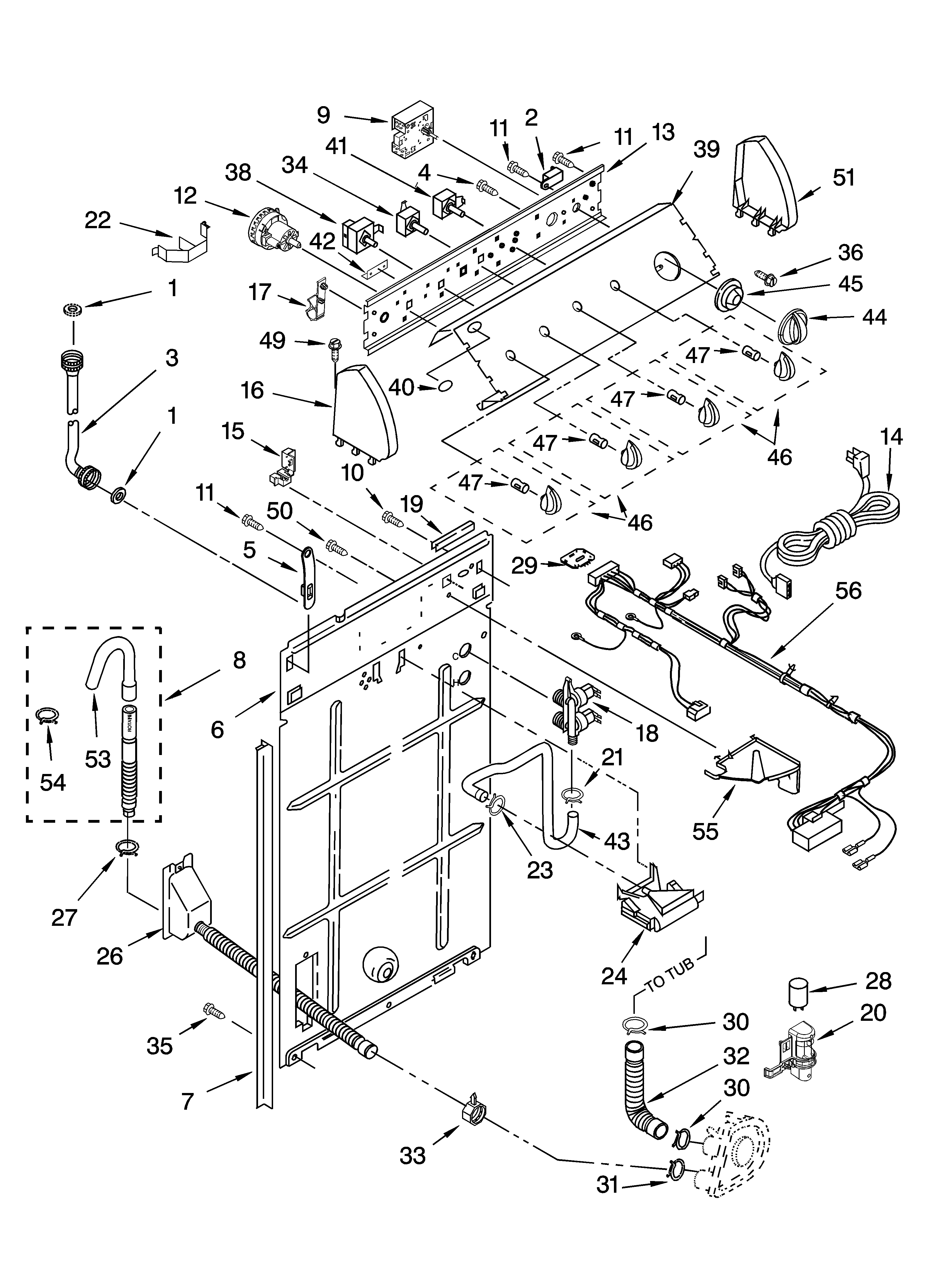 Whirlpool LSB6500PW1 controls and rear panel parts diagram