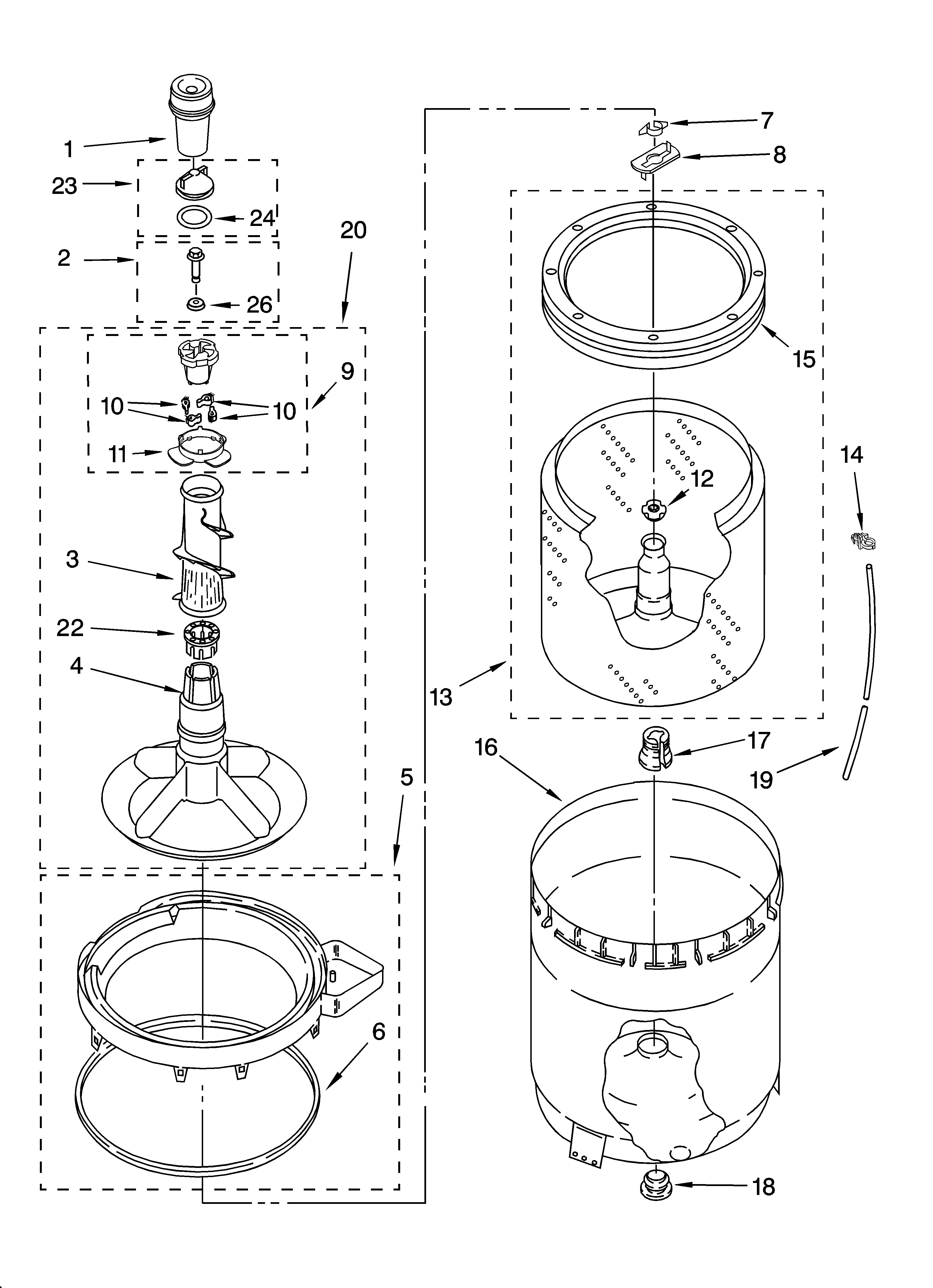 Whirlpool LSB6500PW1 agitator, basket and tub parts diagram
