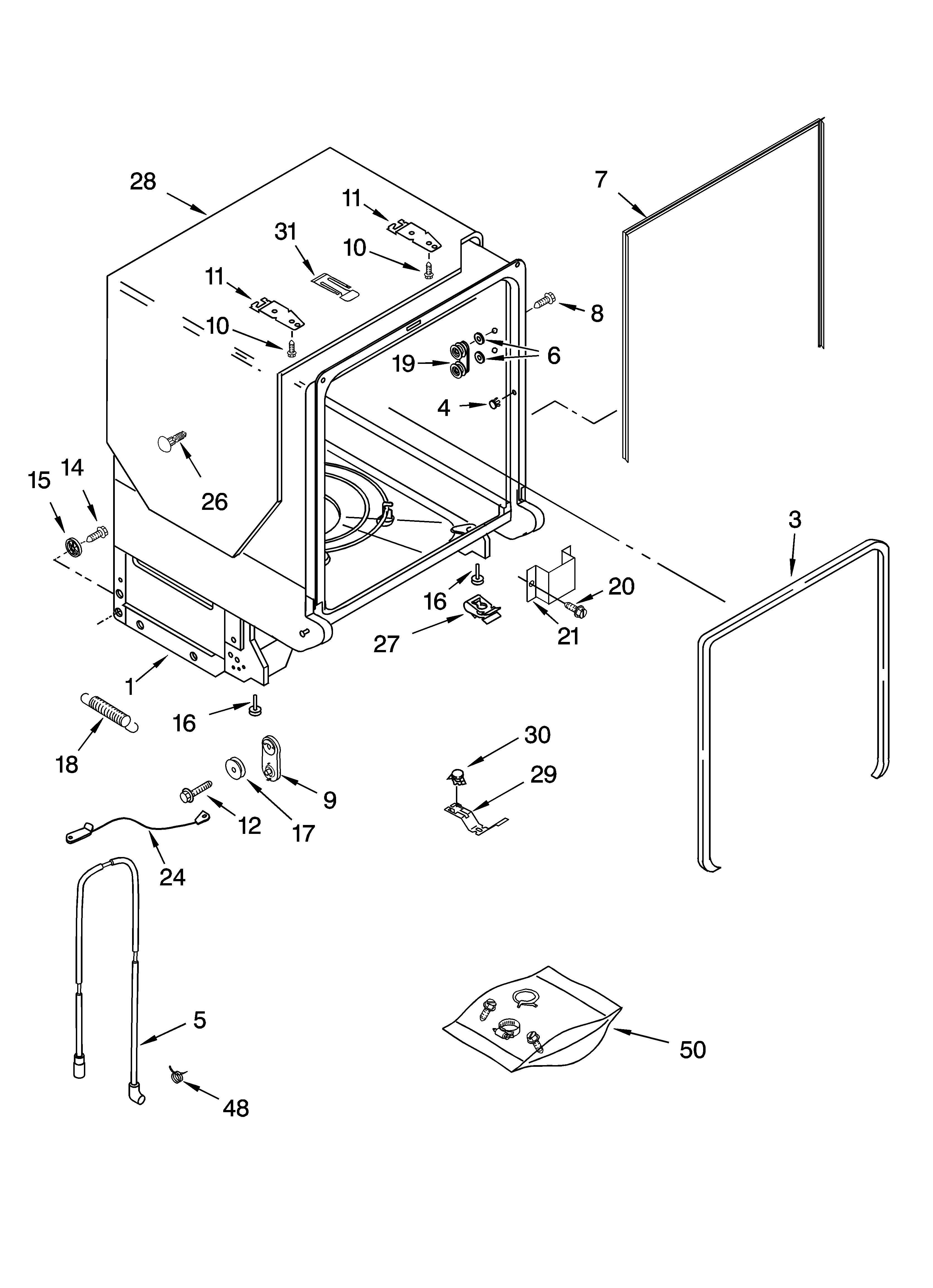 KitchenAid KUDC01TMBL6 tub and frame parts diagram