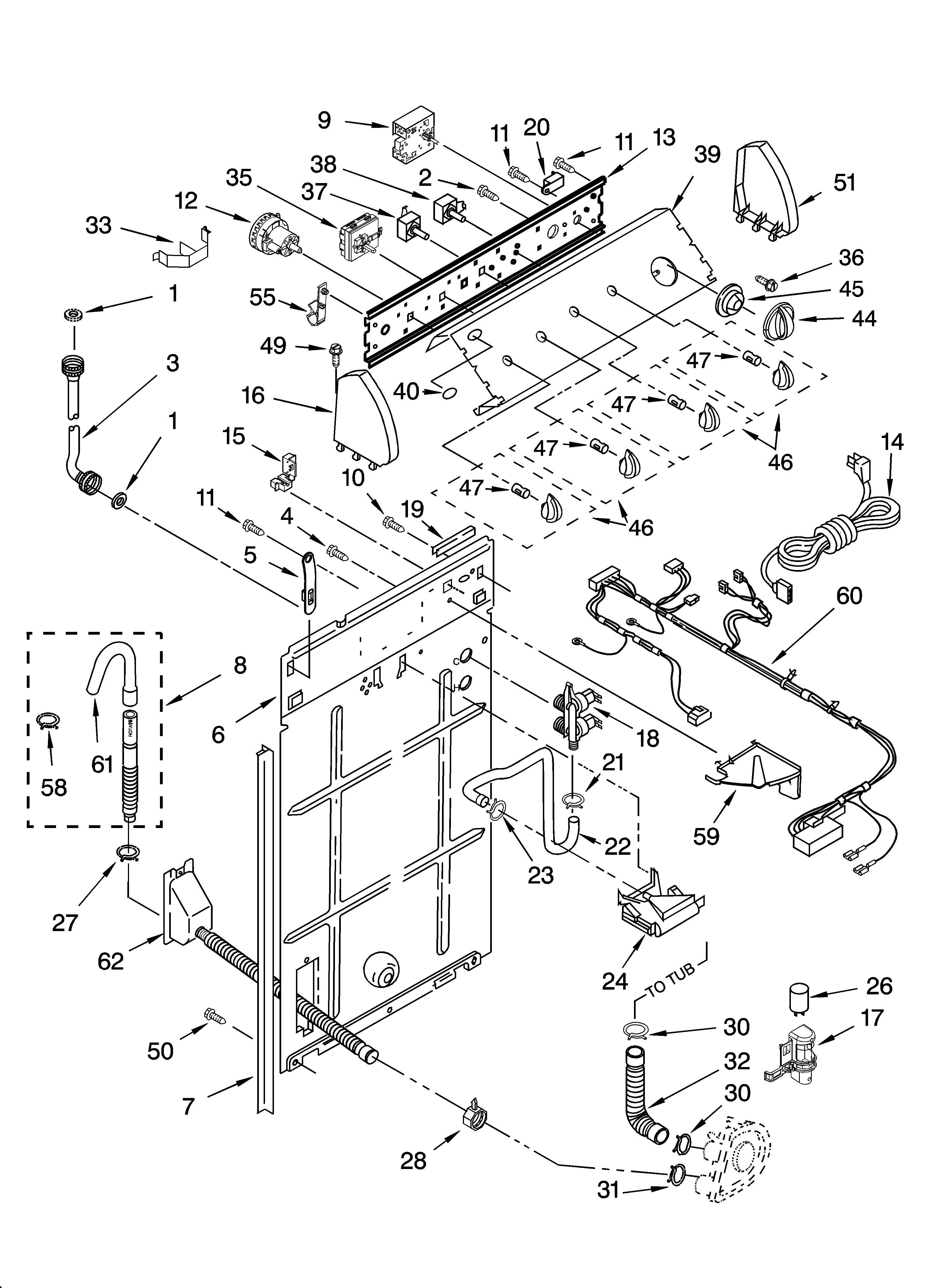 Whirlpool LSQ9110PW2 controls and rear panel parts diagram