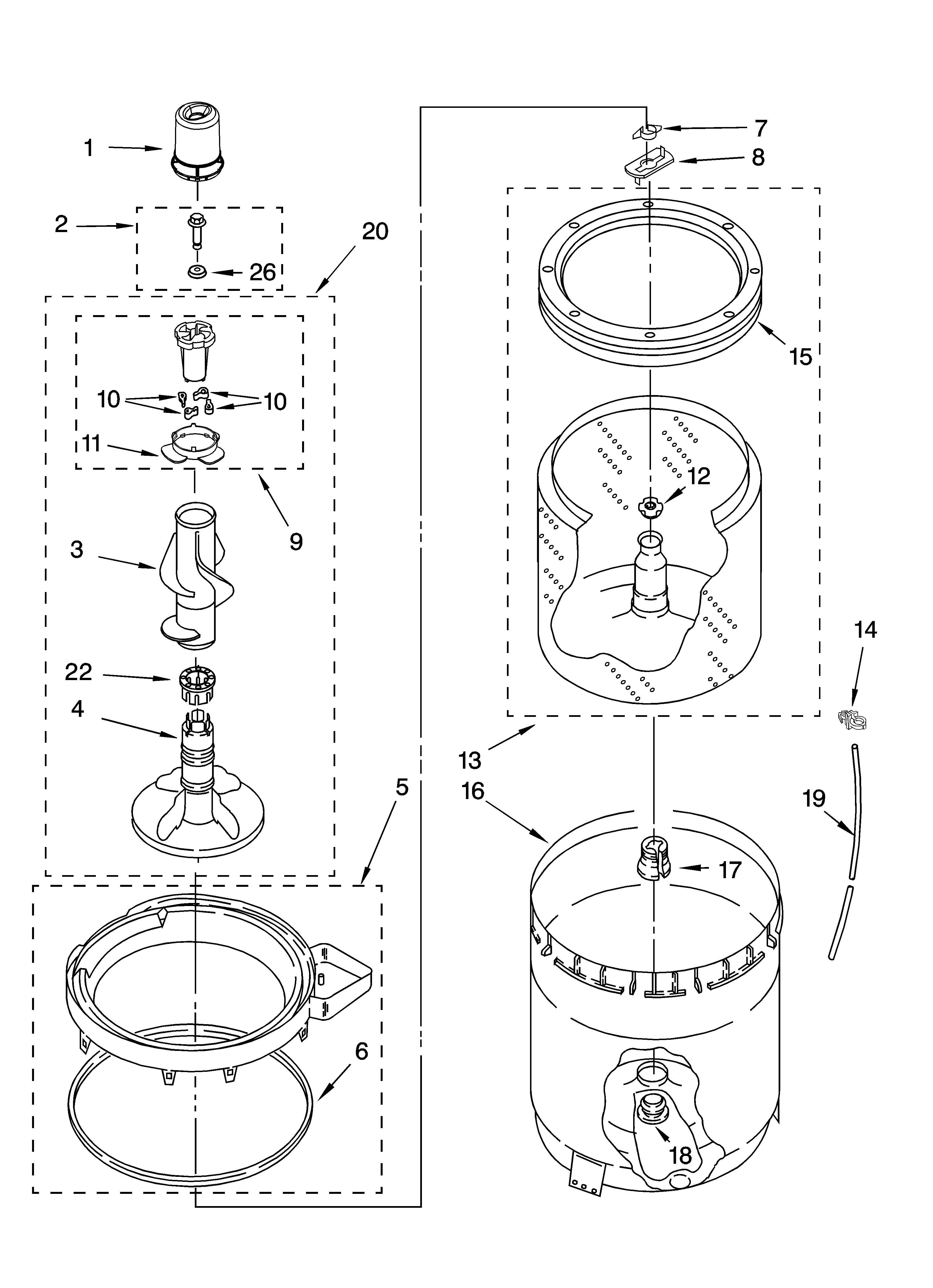 Whirlpool LSQ9550PW2 agitator, basket and tub parts diagram