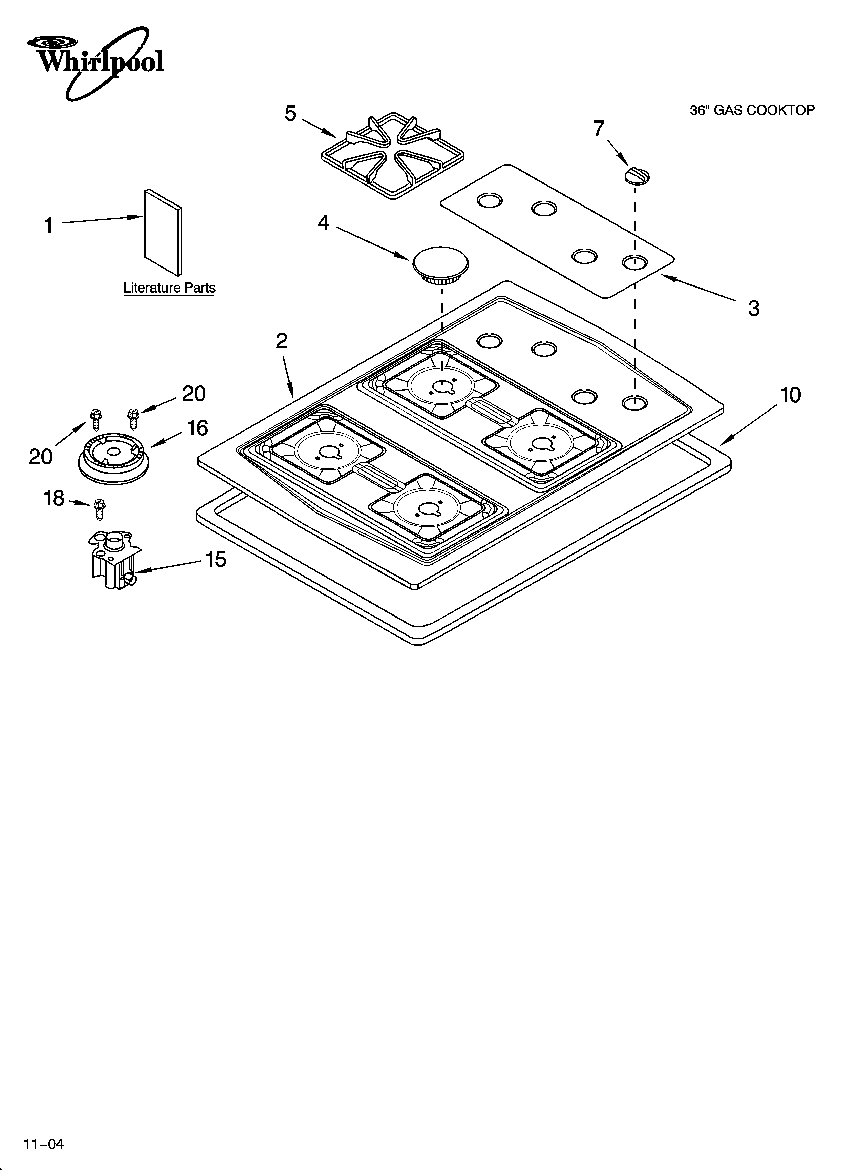 Whirlpool SCS3614LS02 cooktop, burner and grate parts diagram