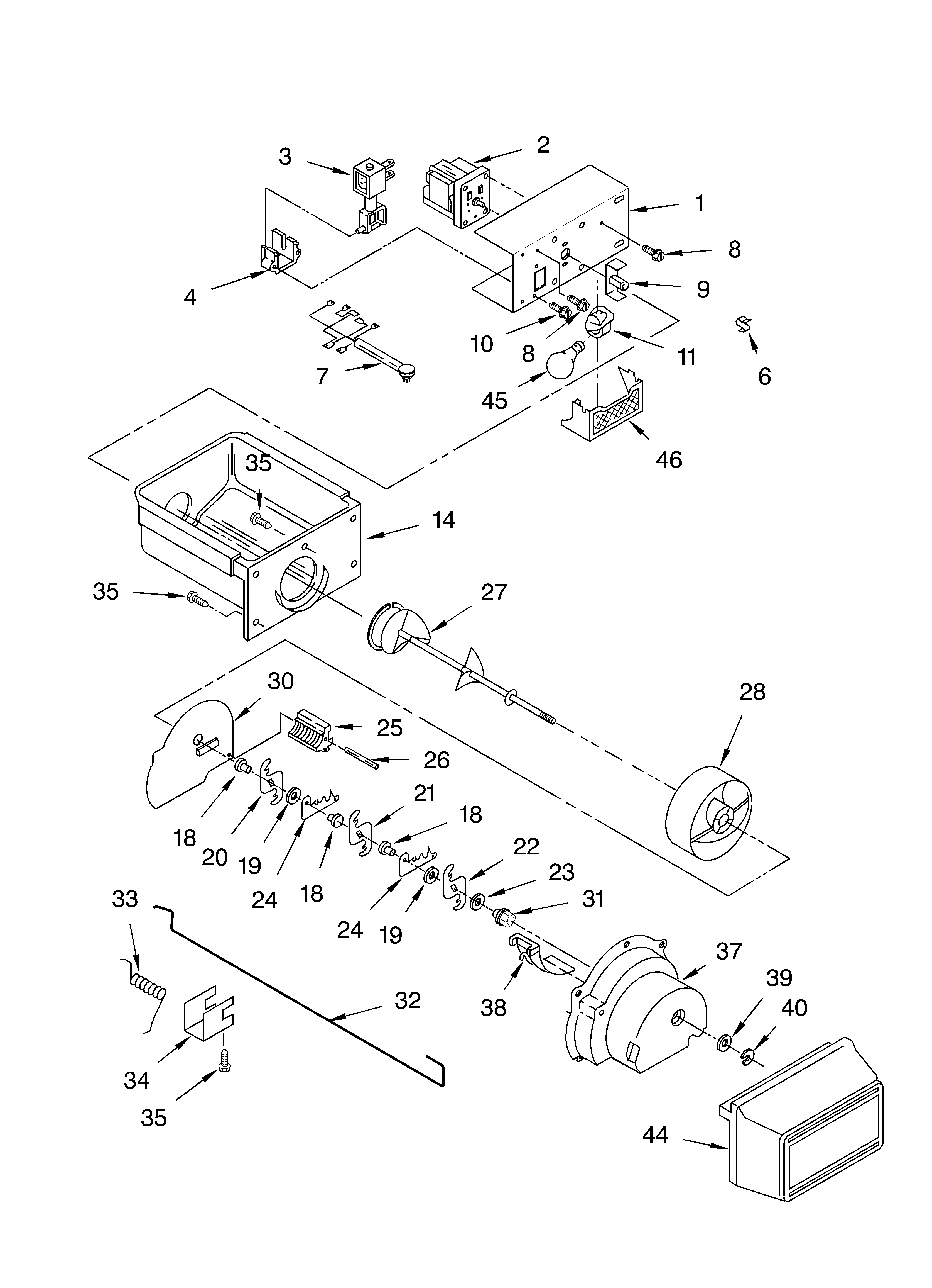 Whirlpool ED2CHQXKB05 motor and ice container parts diagram