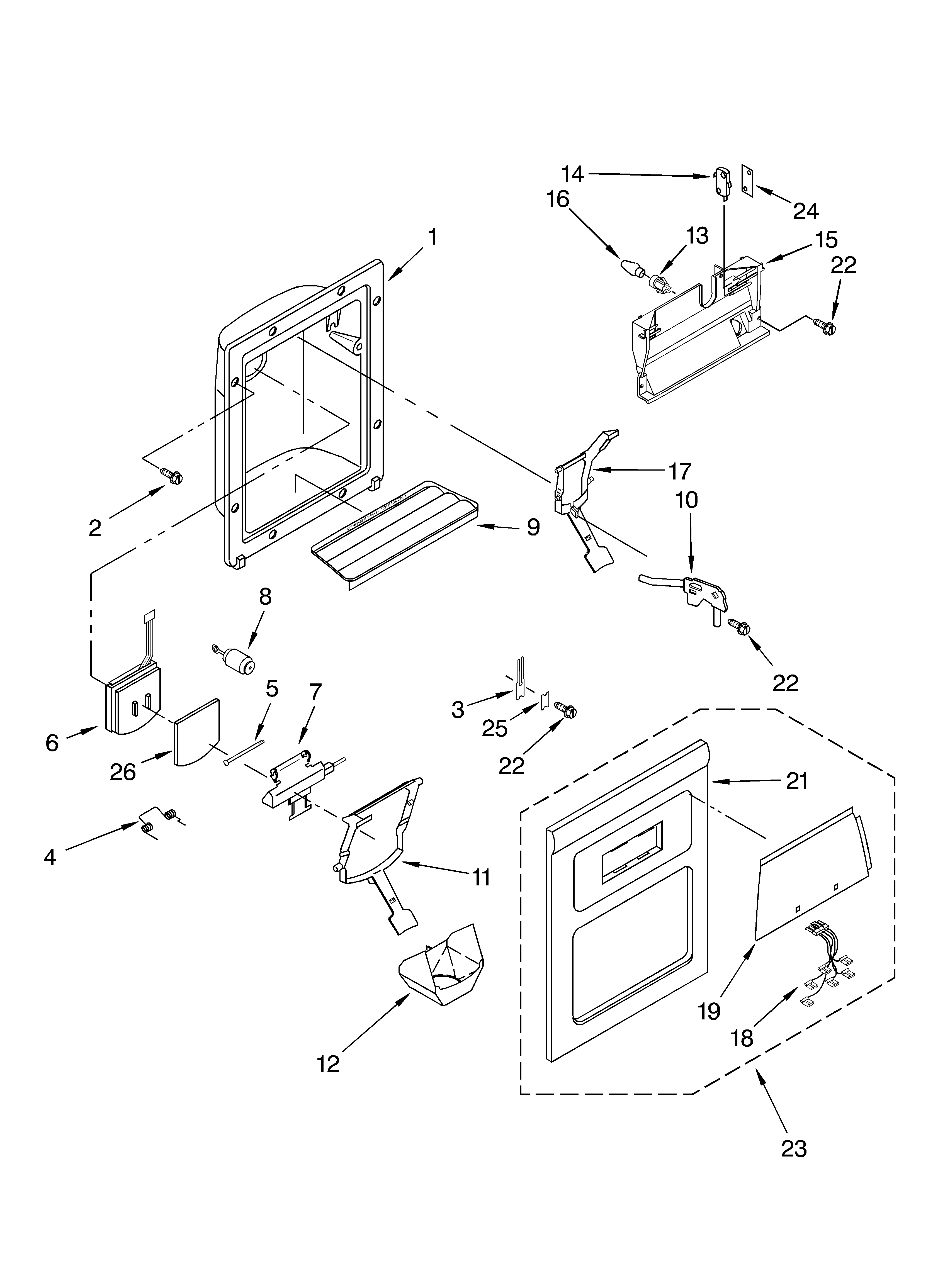 Whirlpool ED2NTGXMT00 dispenser front parts diagram