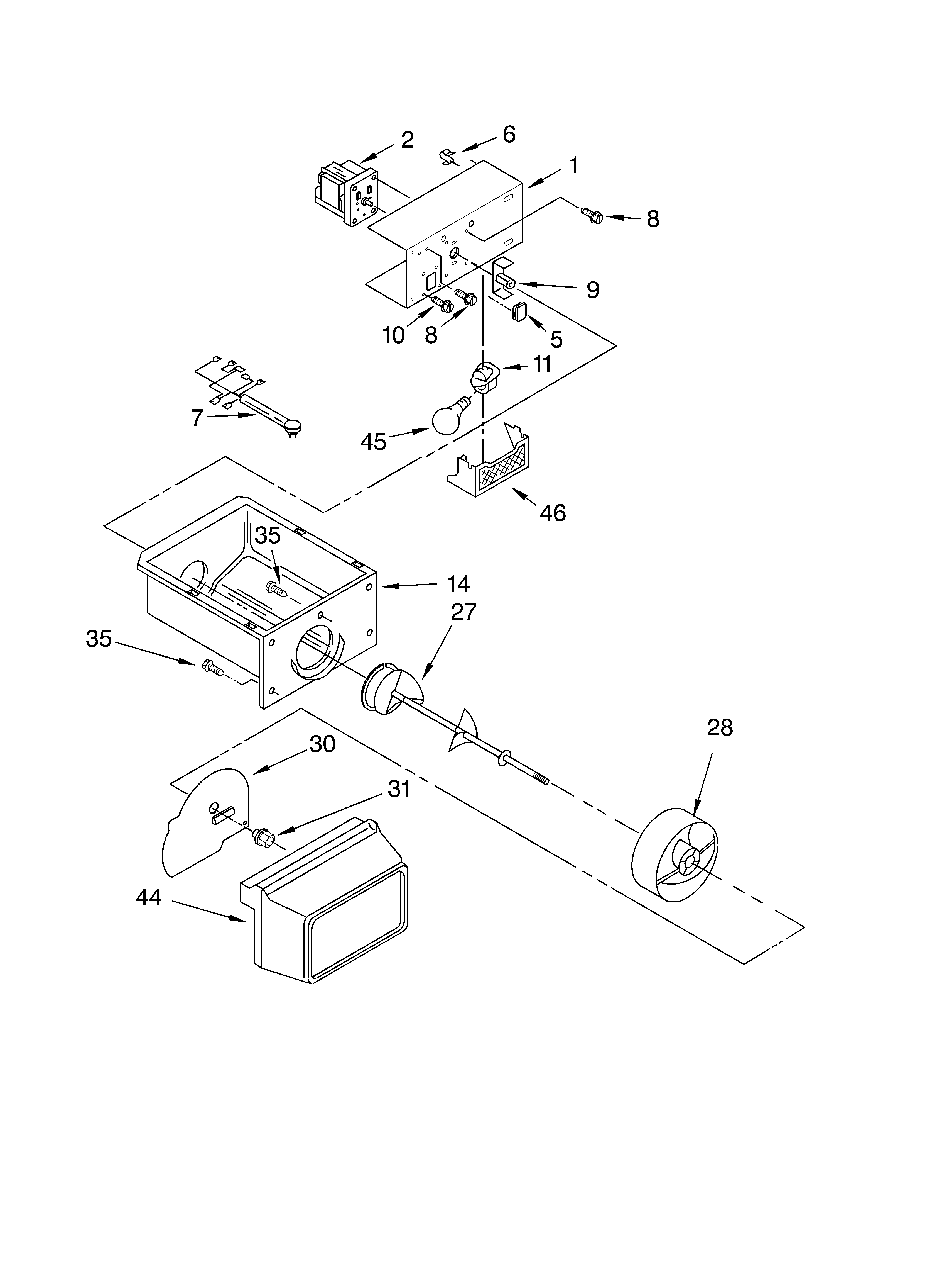 Roper RS25AEXLQ00 motor and ice container parts diagram