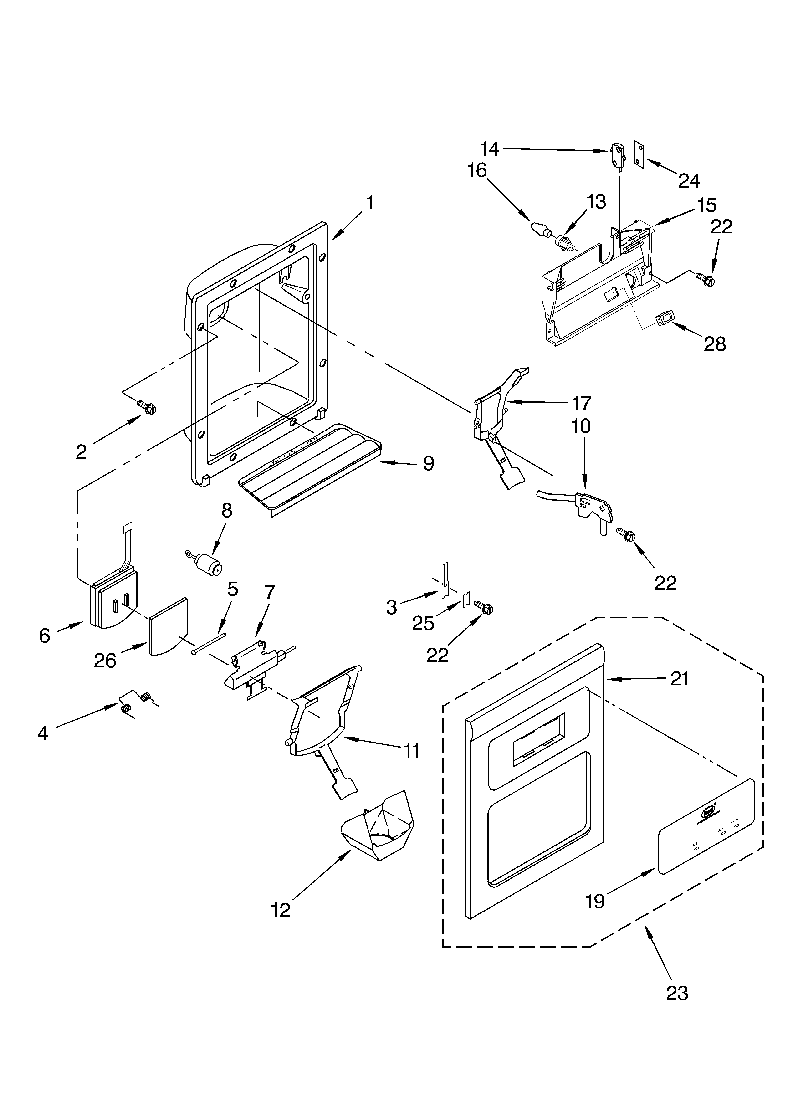 Roper RS25AFXMQ00 dispenser front parts diagram