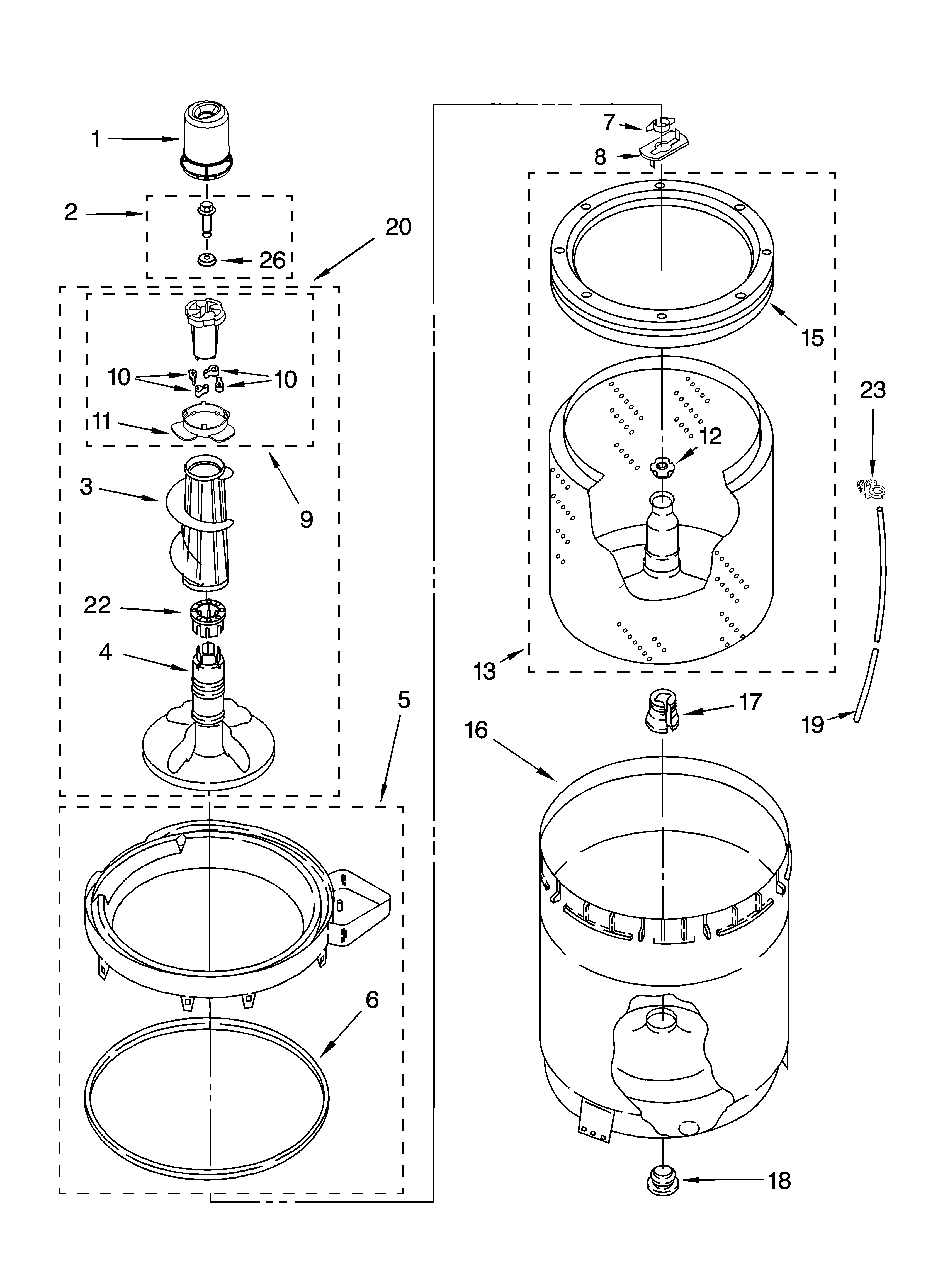 Whirlpool LSQ9660PG2 agitator, basket and tub parts diagram