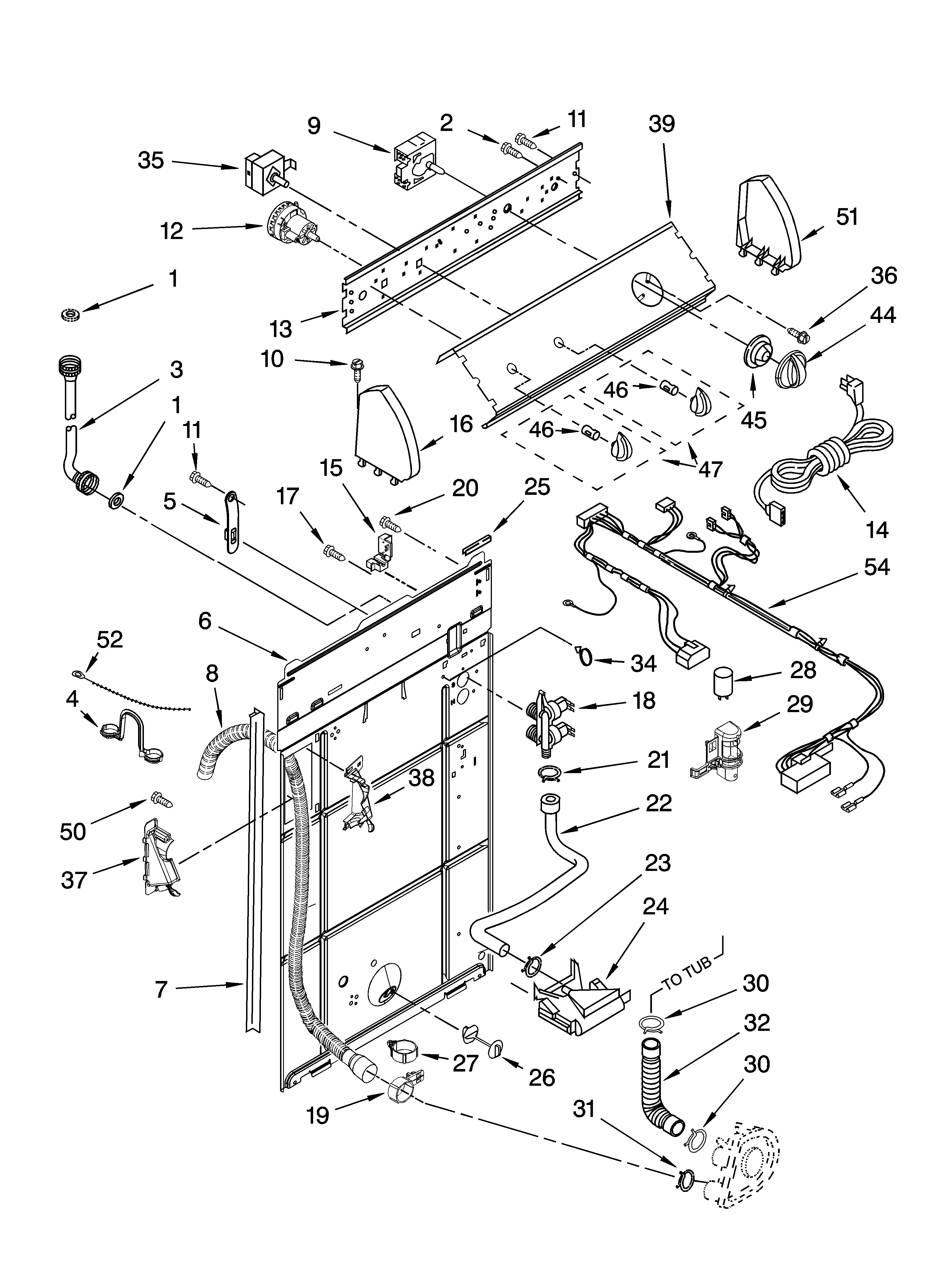 Whirlpool LBR5432PT1 controls and rear panel parts diagram