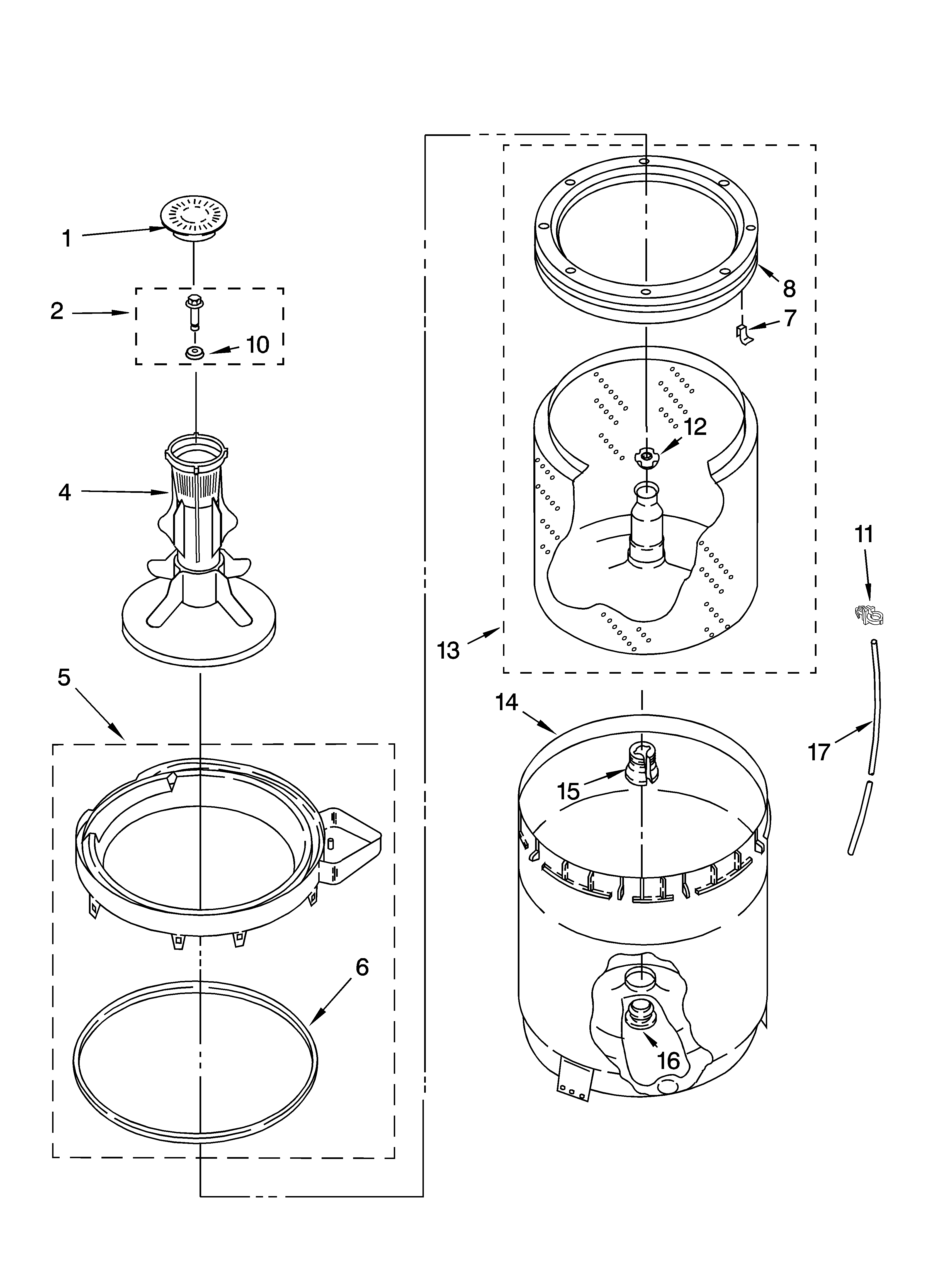 Whirlpool LBR5432PT1 agitator, basket and tub parts diagram
