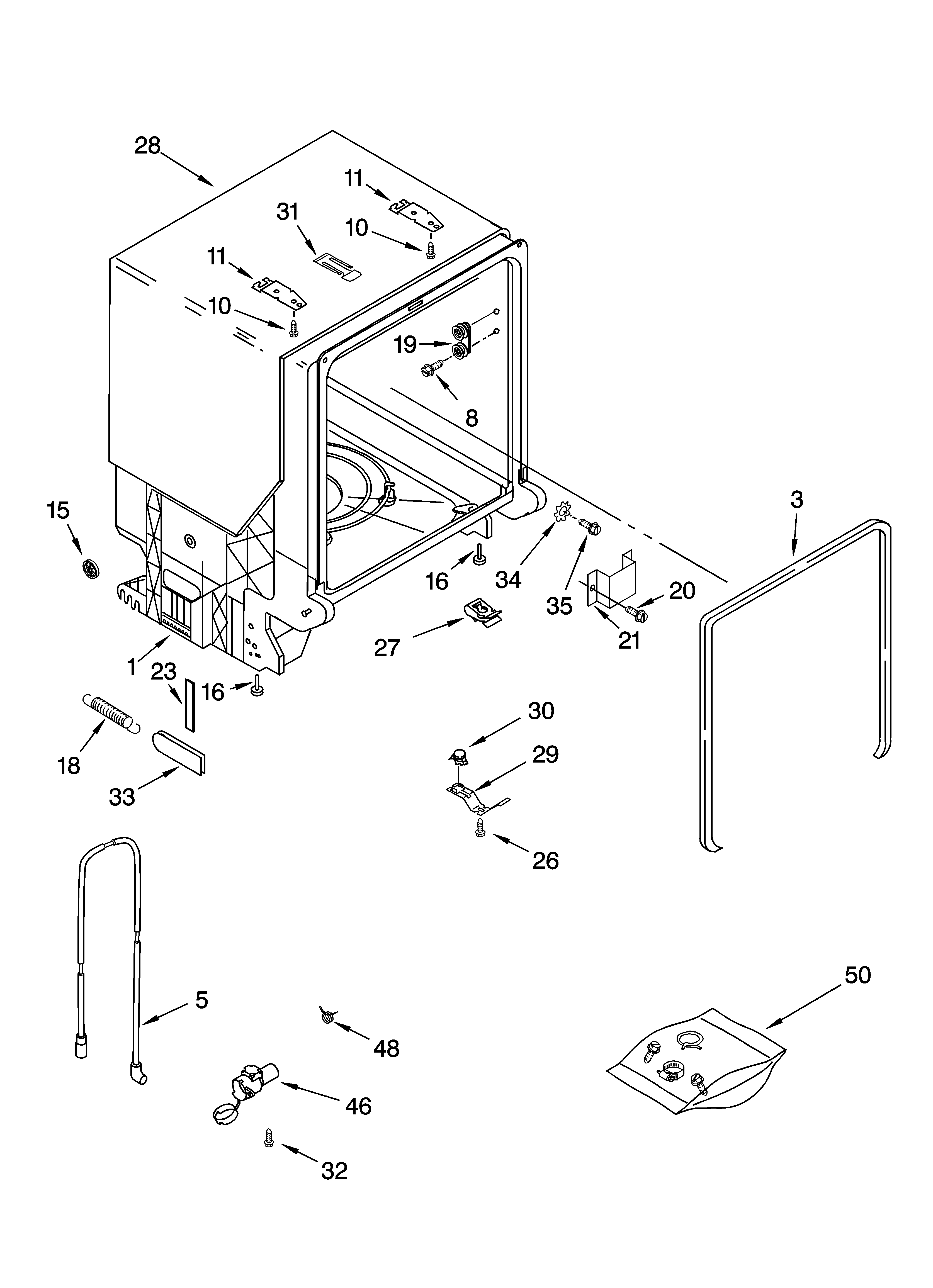 Whirlpool DU1100XTPQ3 tub and frame parts diagram