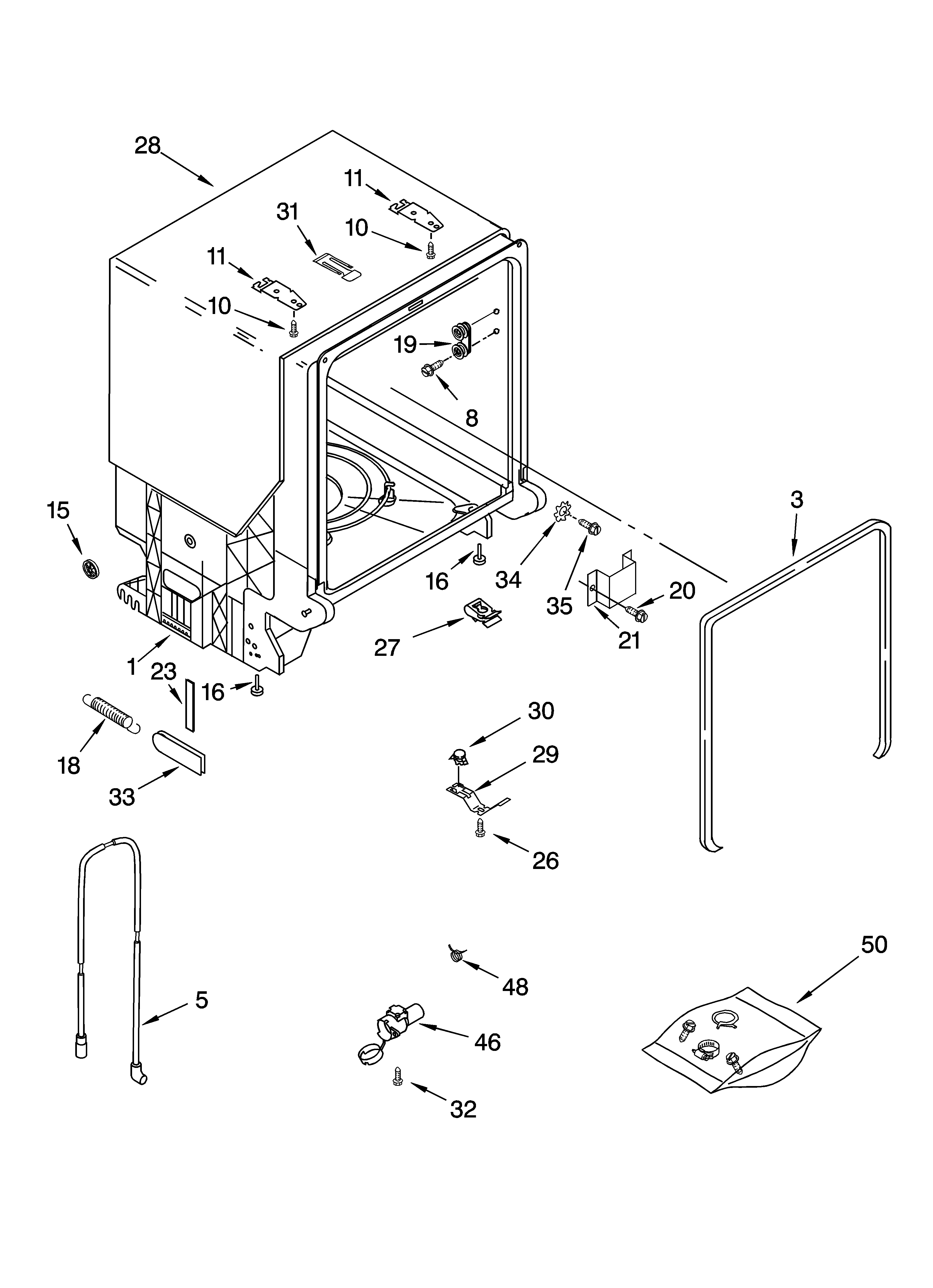 Whirlpool DU1101XTPQ0 tub and frame parts diagram