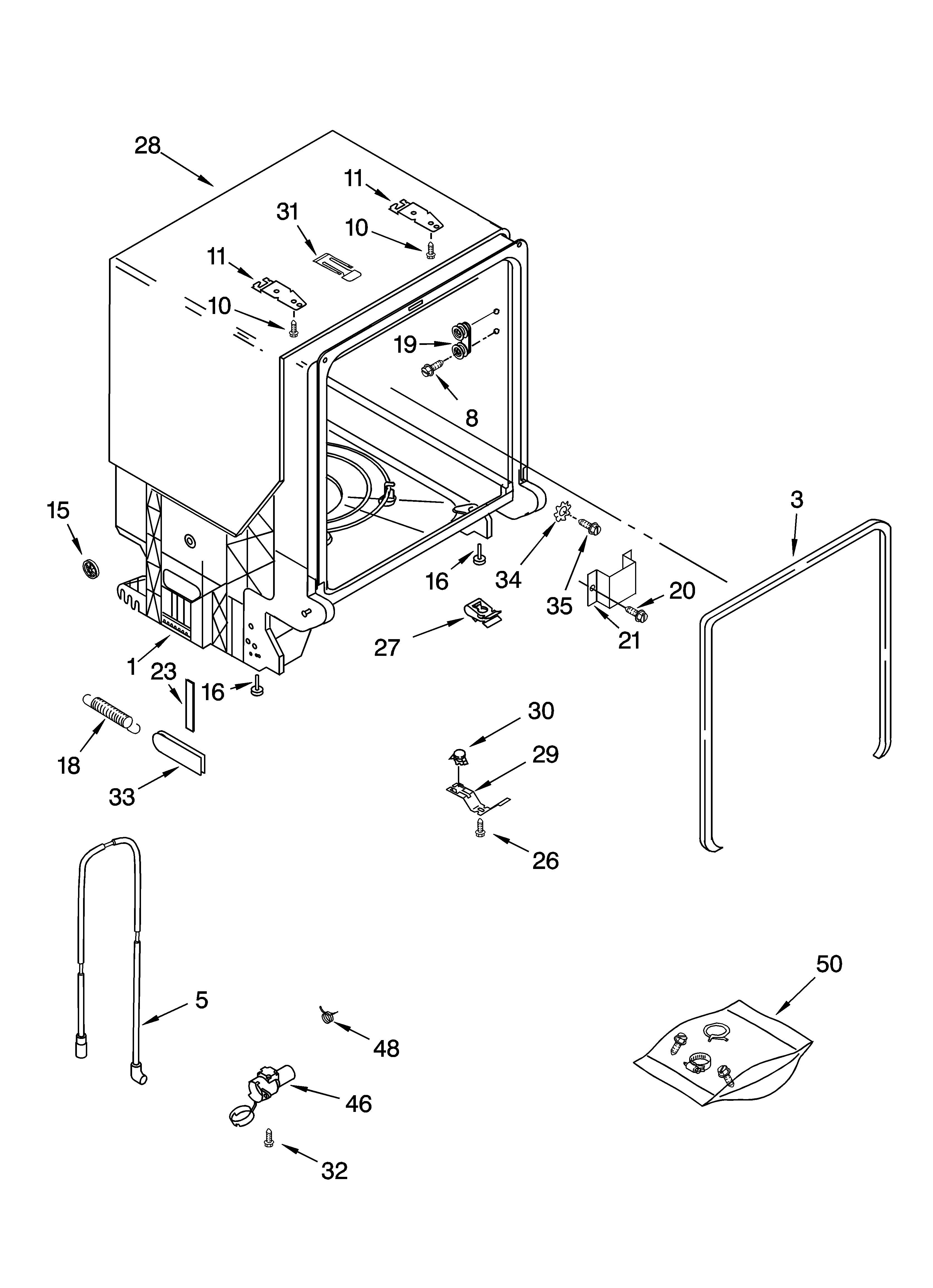 Whirlpool DUL240XTPB3 tub and frame parts diagram