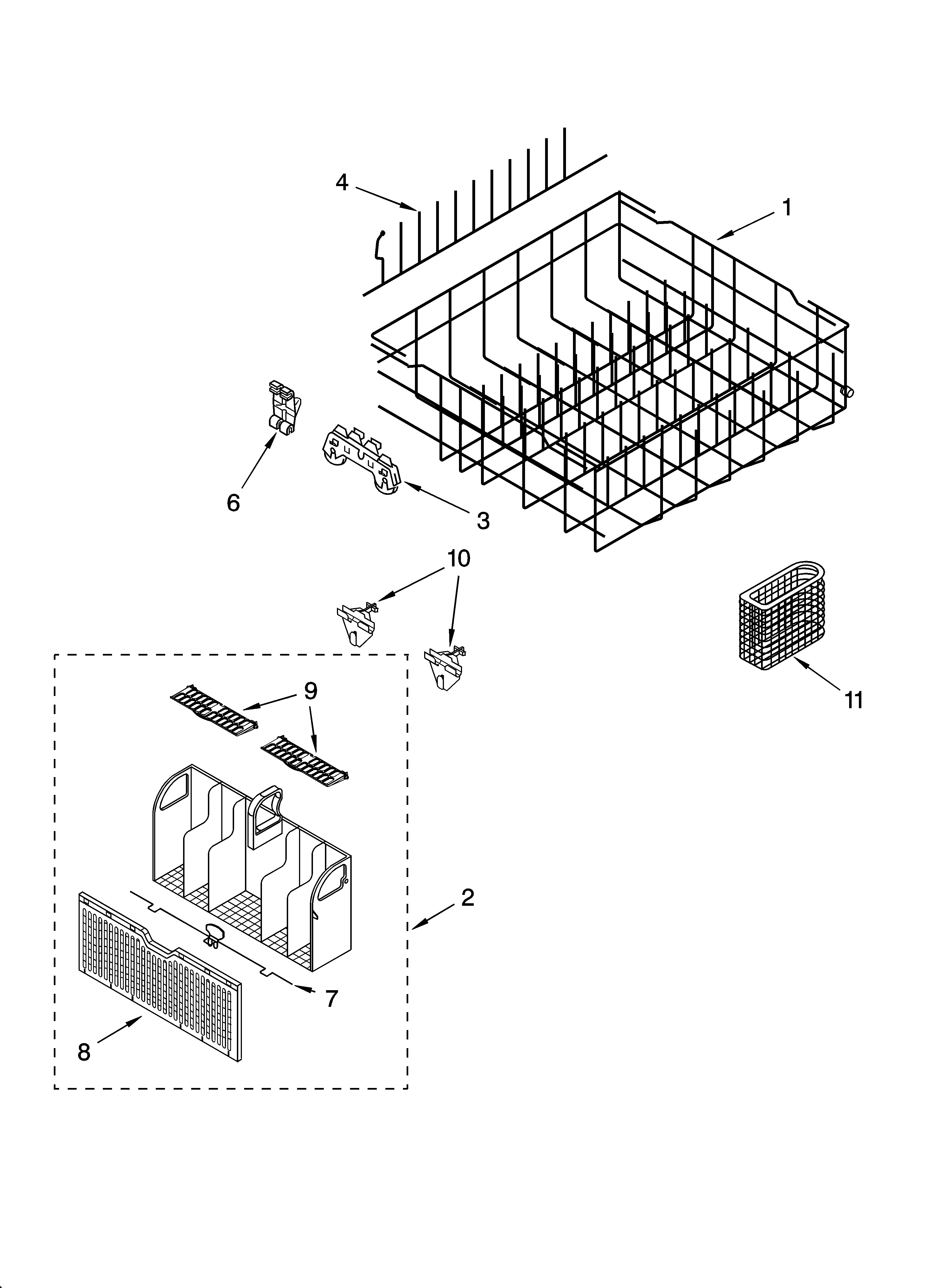 Whirlpool DUL240XTPB3 lower rack parts, optional parts (not included) diagram