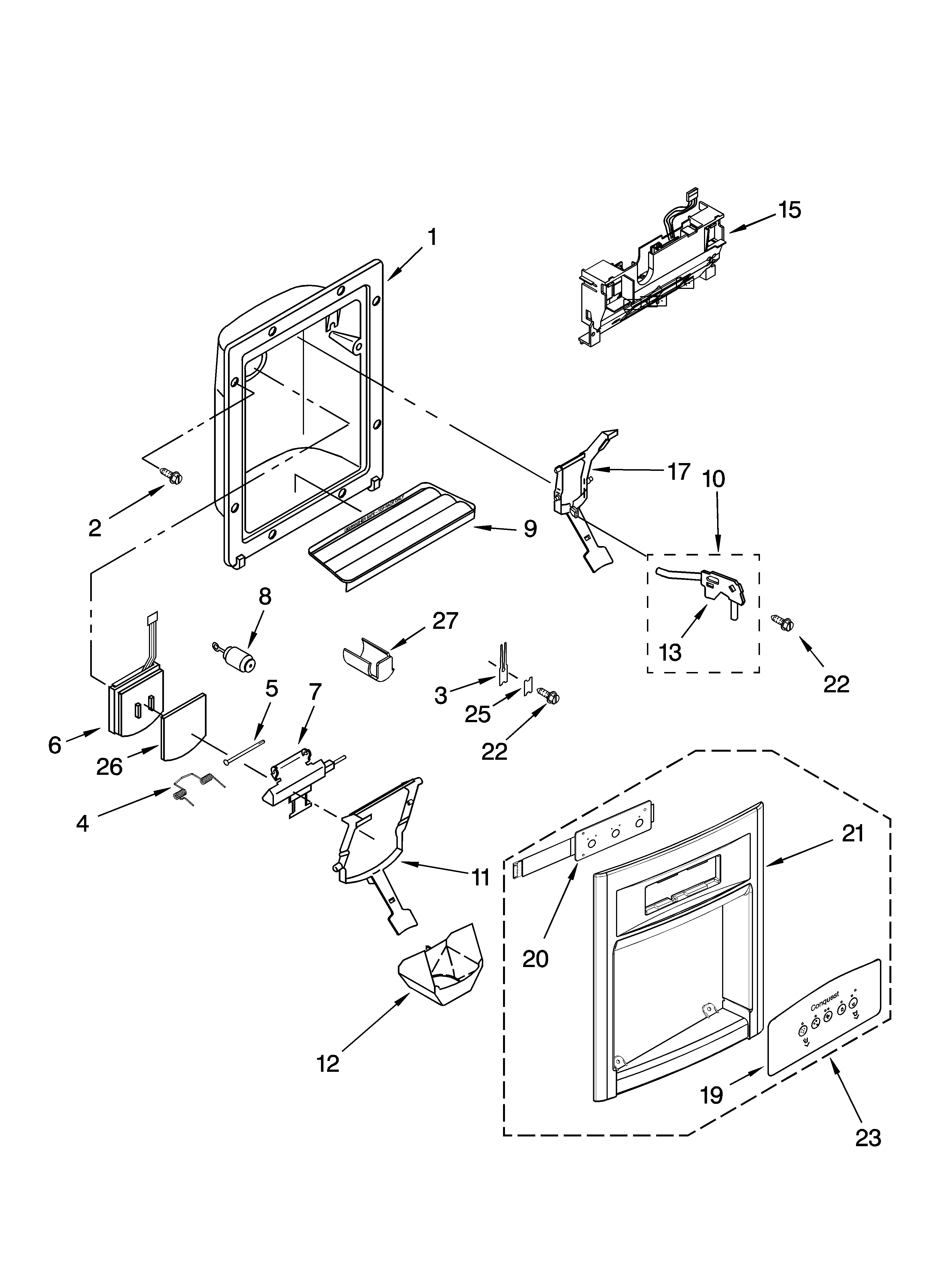 Whirlpool GS2SHAXNQ01 dispenser front parts diagram