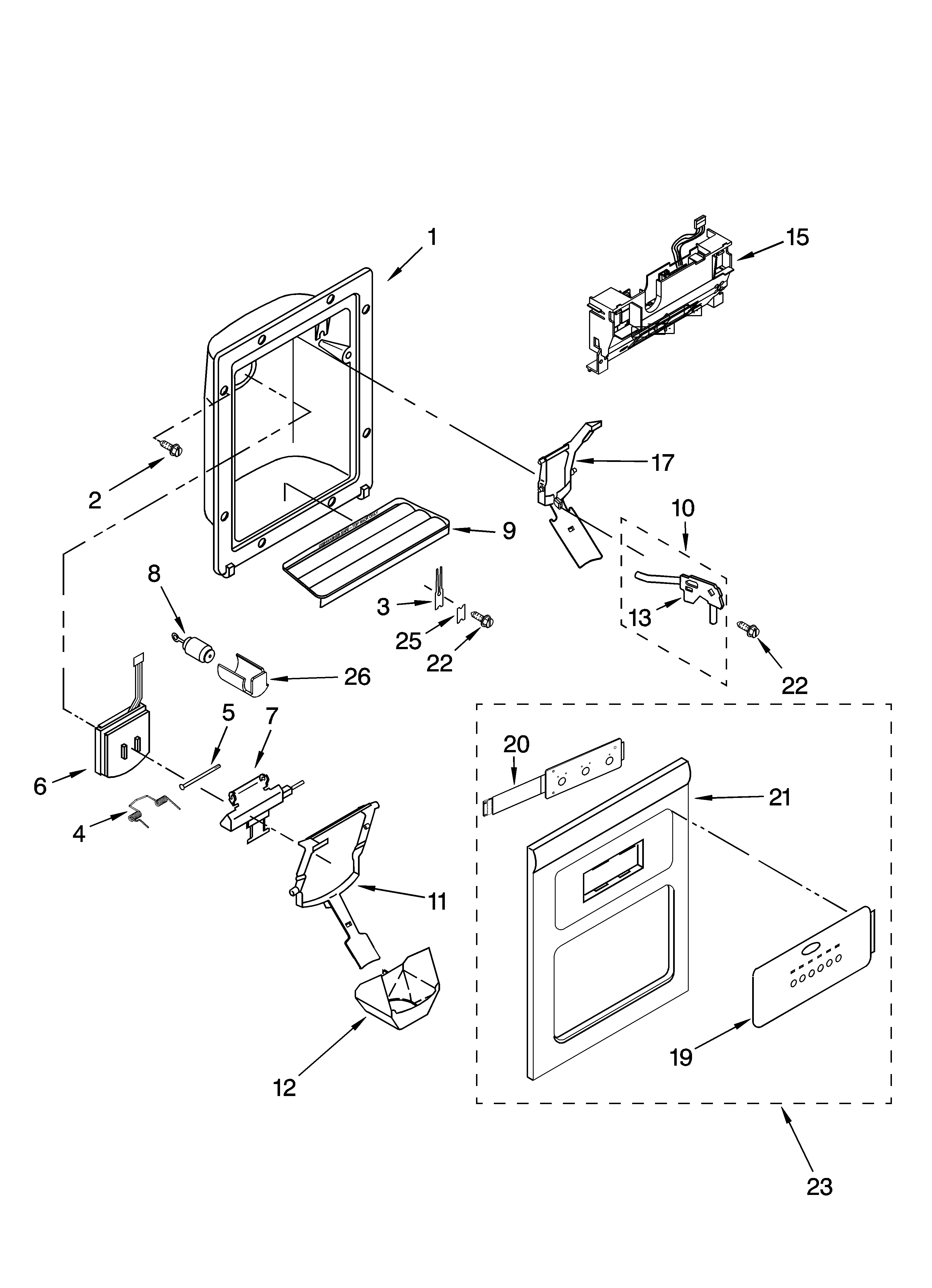 Whirlpool GS5SHAXNS01 dispenser front parts diagram