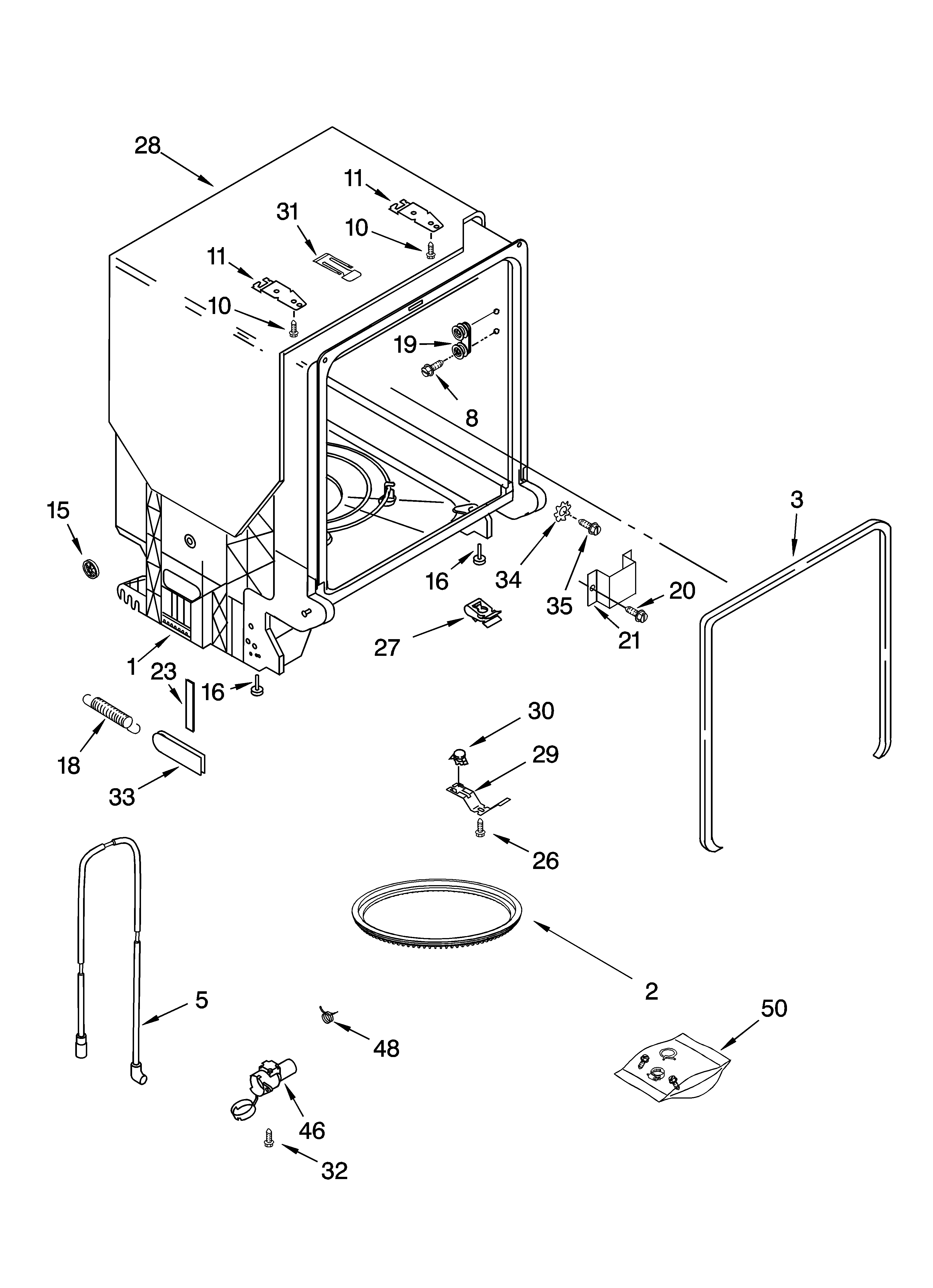 Whirlpool GU1100XTLB0 tub and frame parts diagram