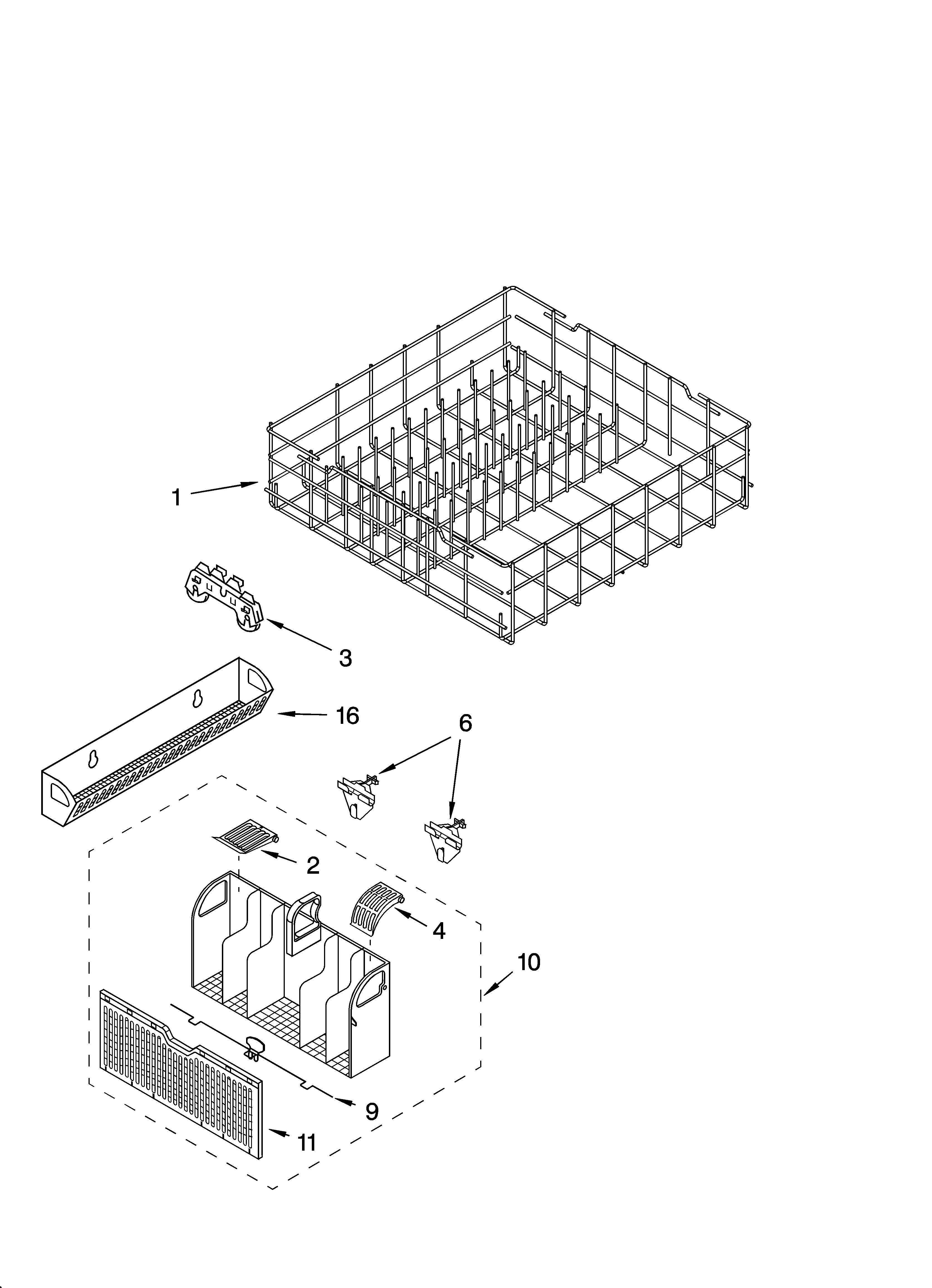 Whirlpool GU1108XTLB1 lower rack parts, optional parts (not included) diagram