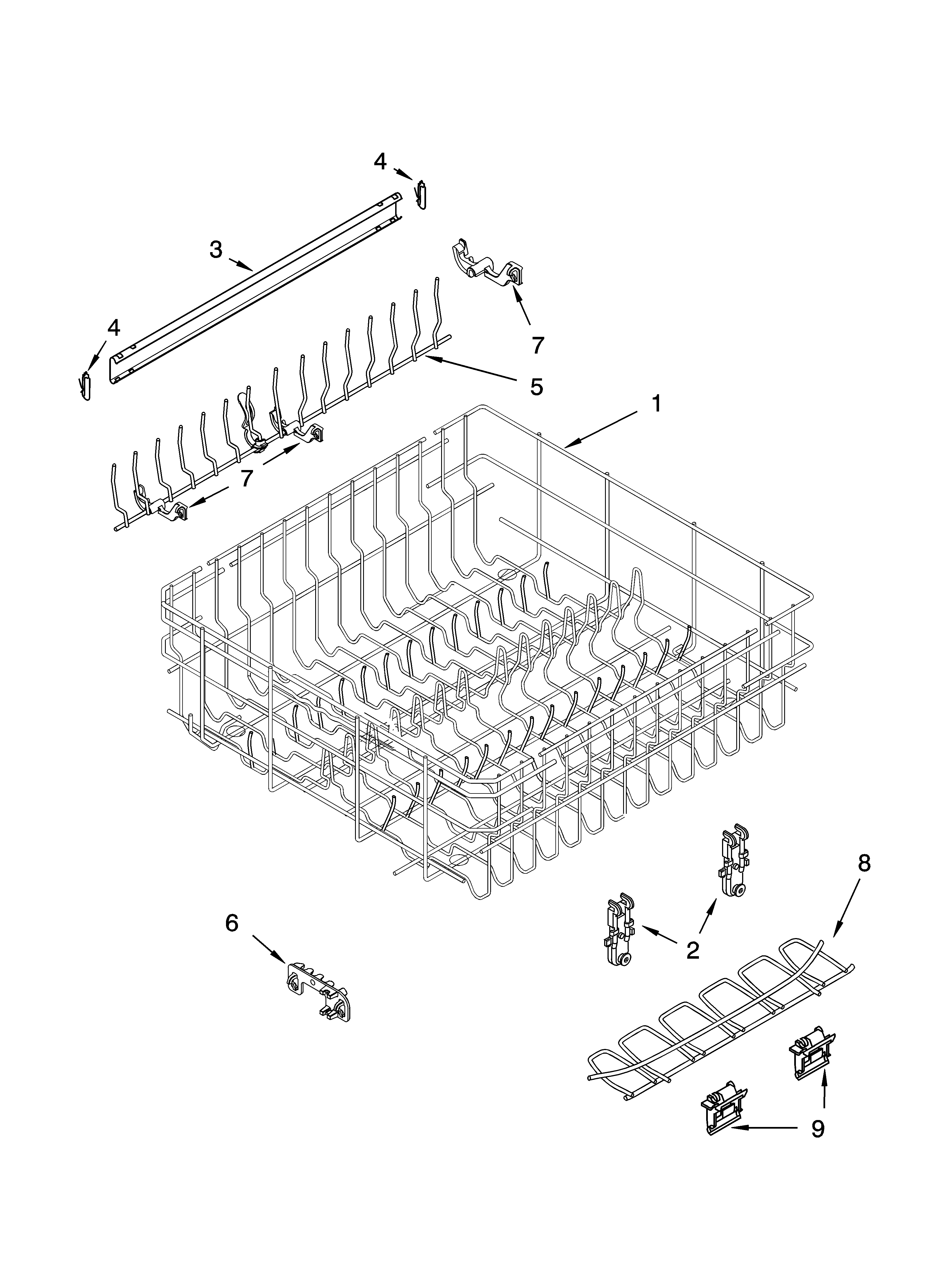 Whirlpool GU1200XTLS0 upper rack and track parts diagram