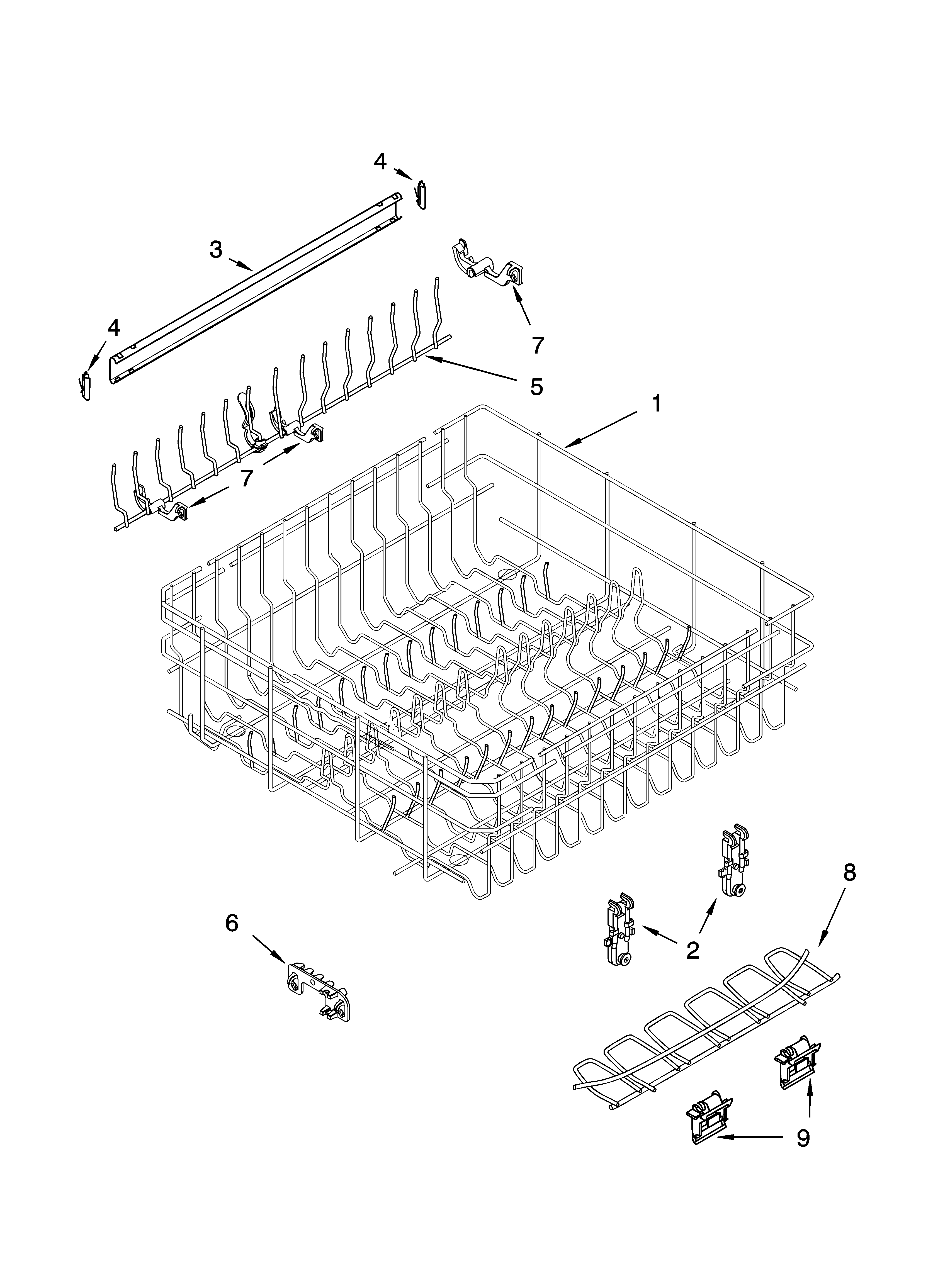 Whirlpool GU1200XTLS1 upper rack and track parts diagram