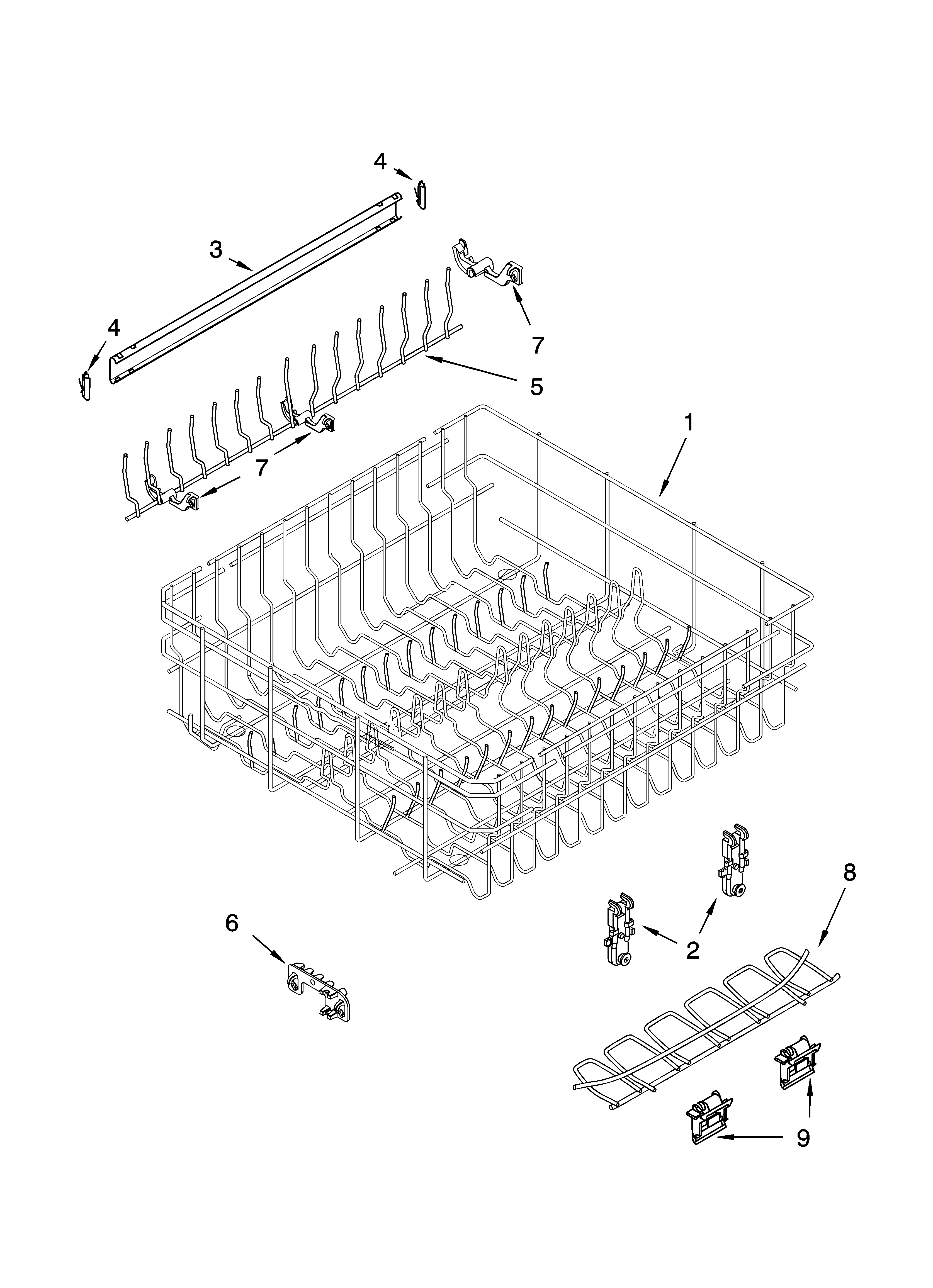 Whirlpool GU1200XTLT2 upper rack and track parts diagram
