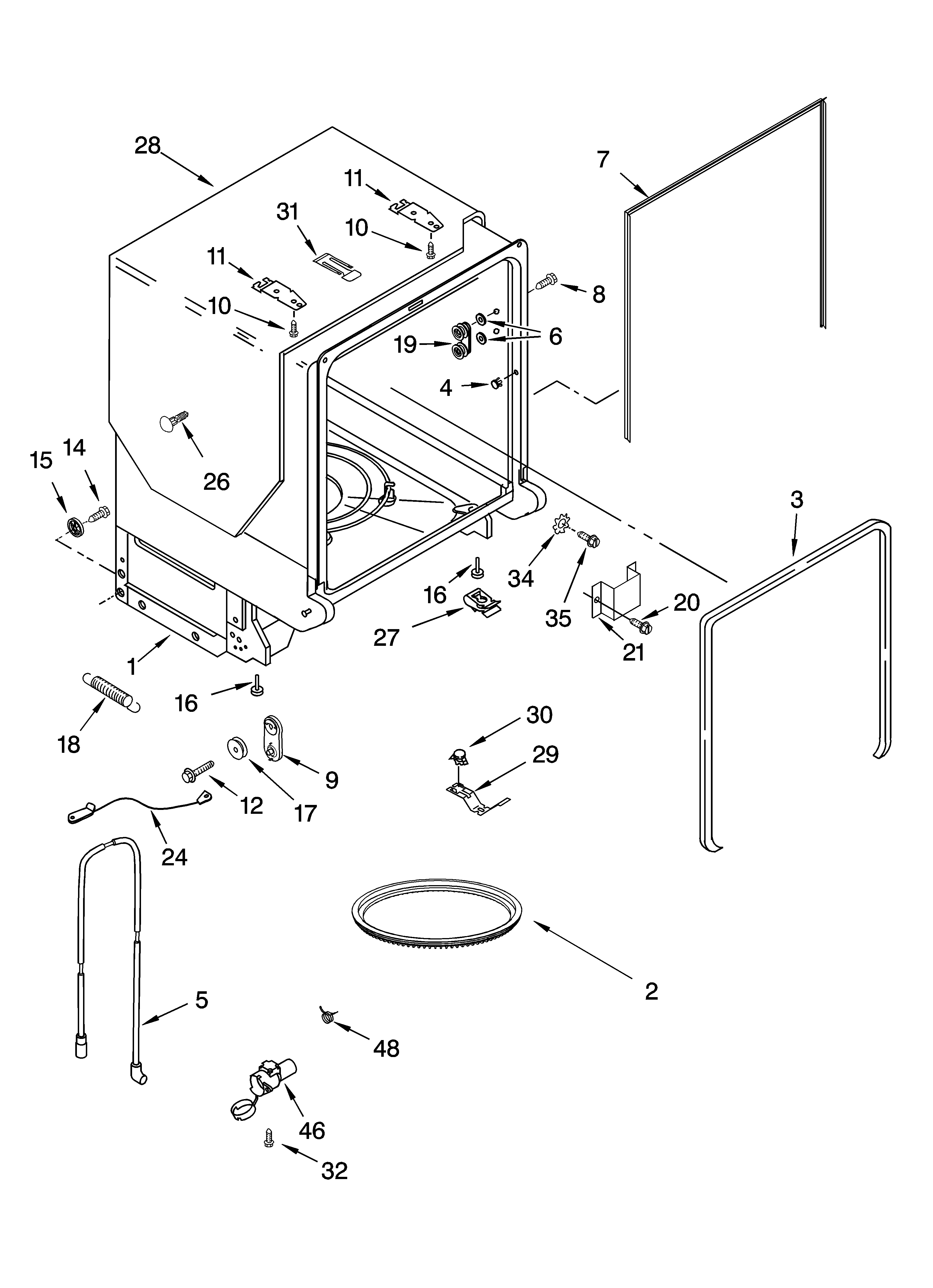 Whirlpool GU2300XTLB1 tub and frame parts diagram