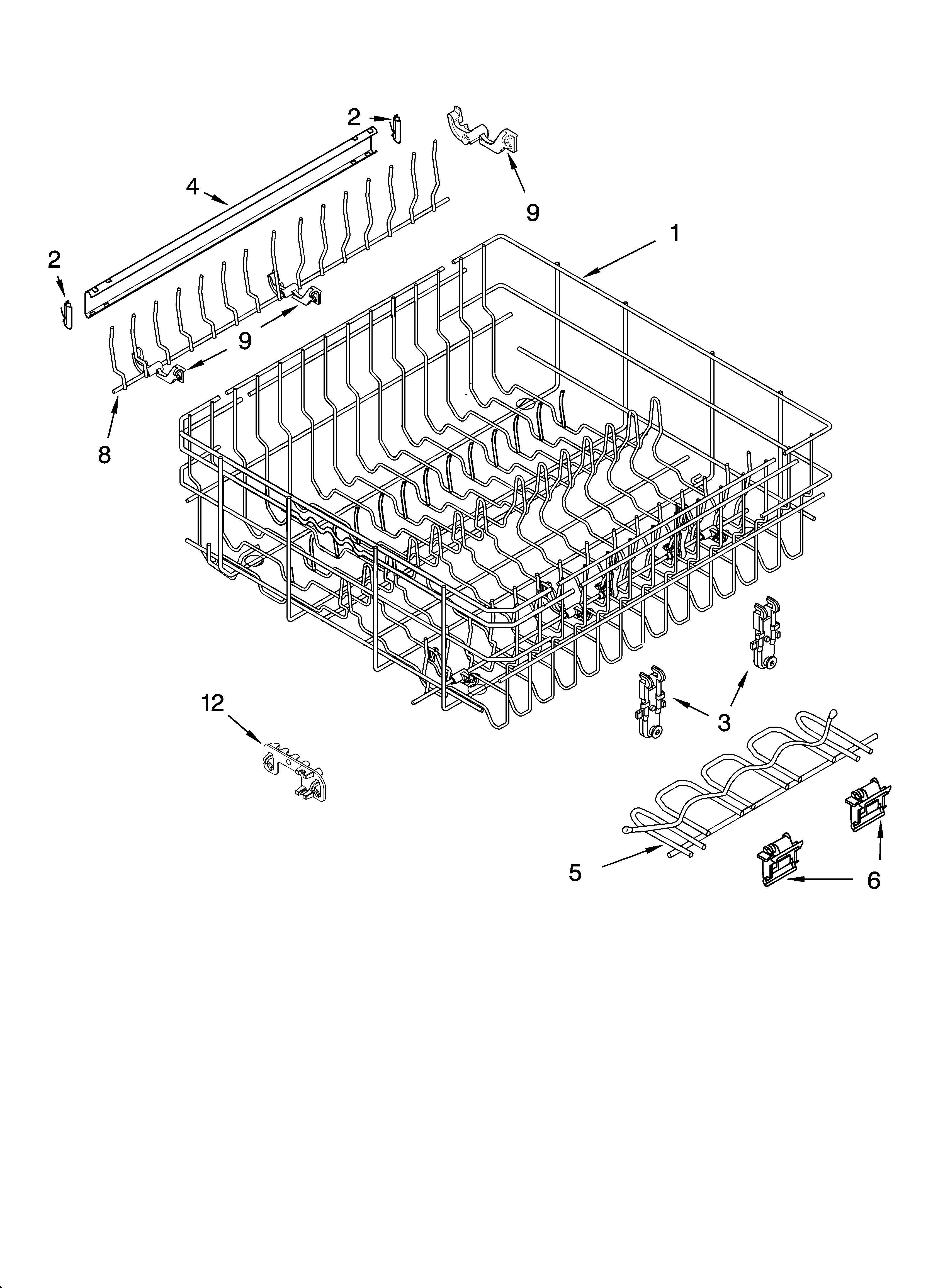 Whirlpool GU2300XTLB2 upper rack and track parts diagram