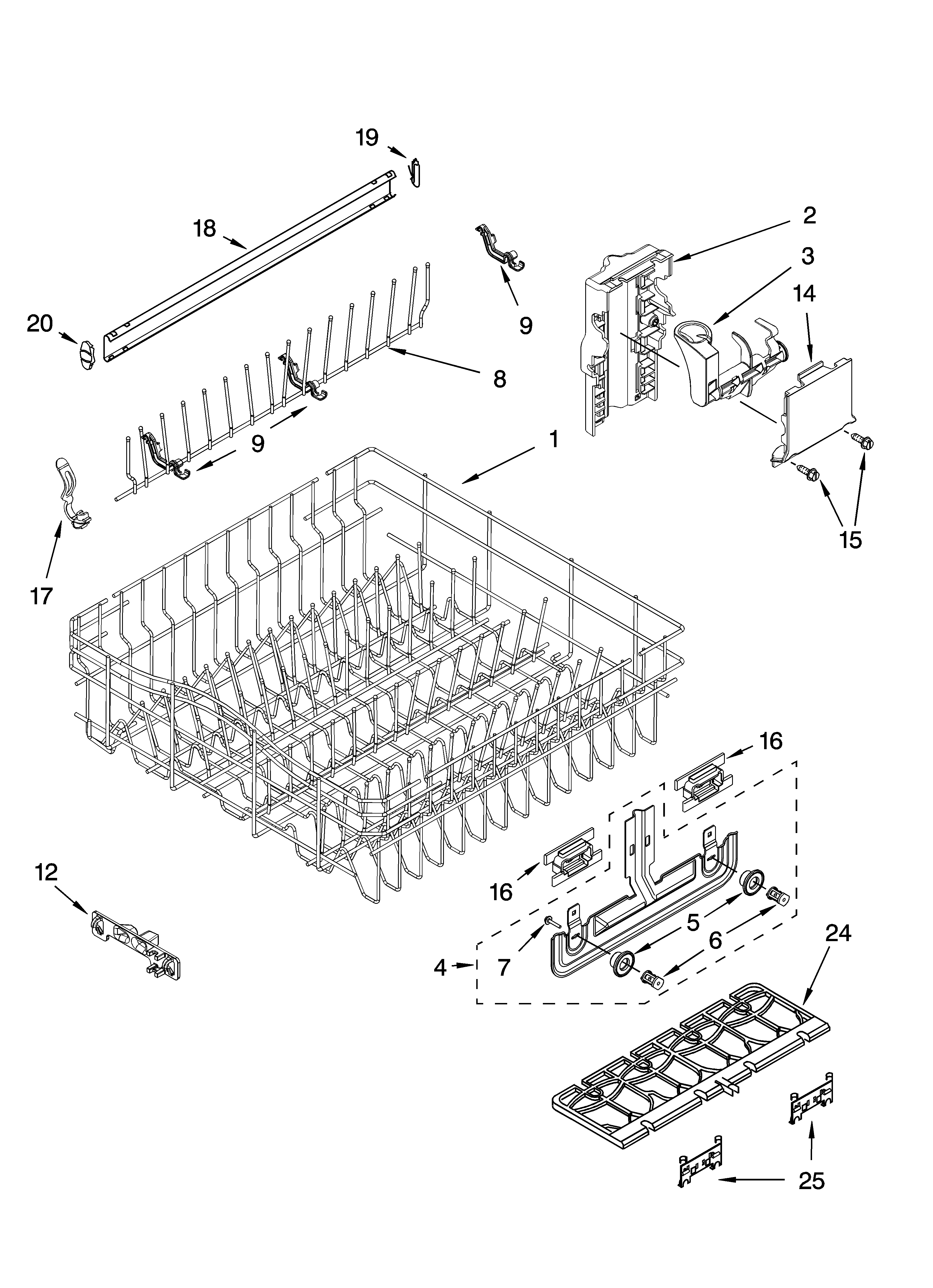 Whirlpool GU2500XTPQ1 upper rack and track parts diagram
