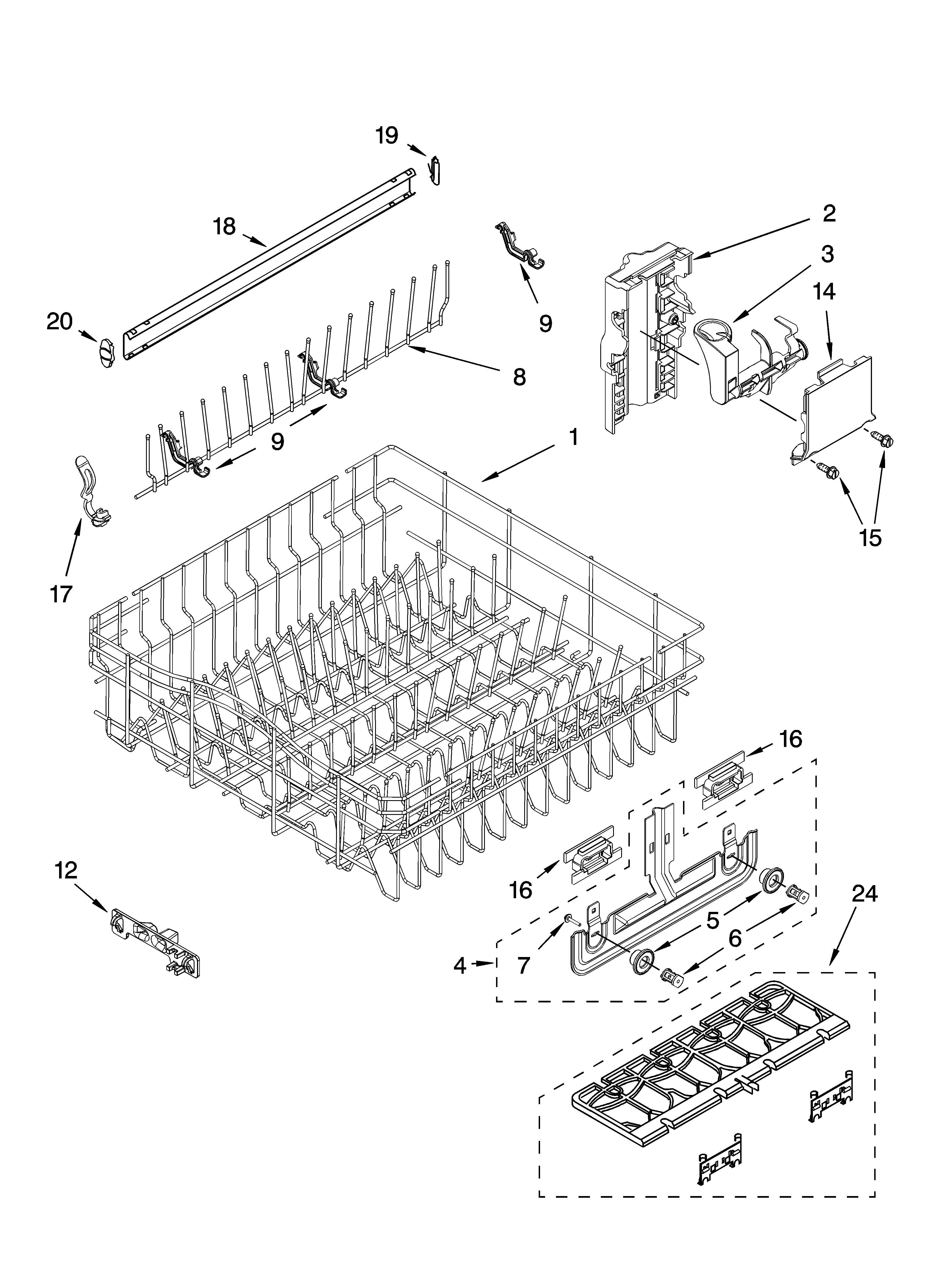Whirlpool GU2600XTPB1 upper rack and track parts diagram