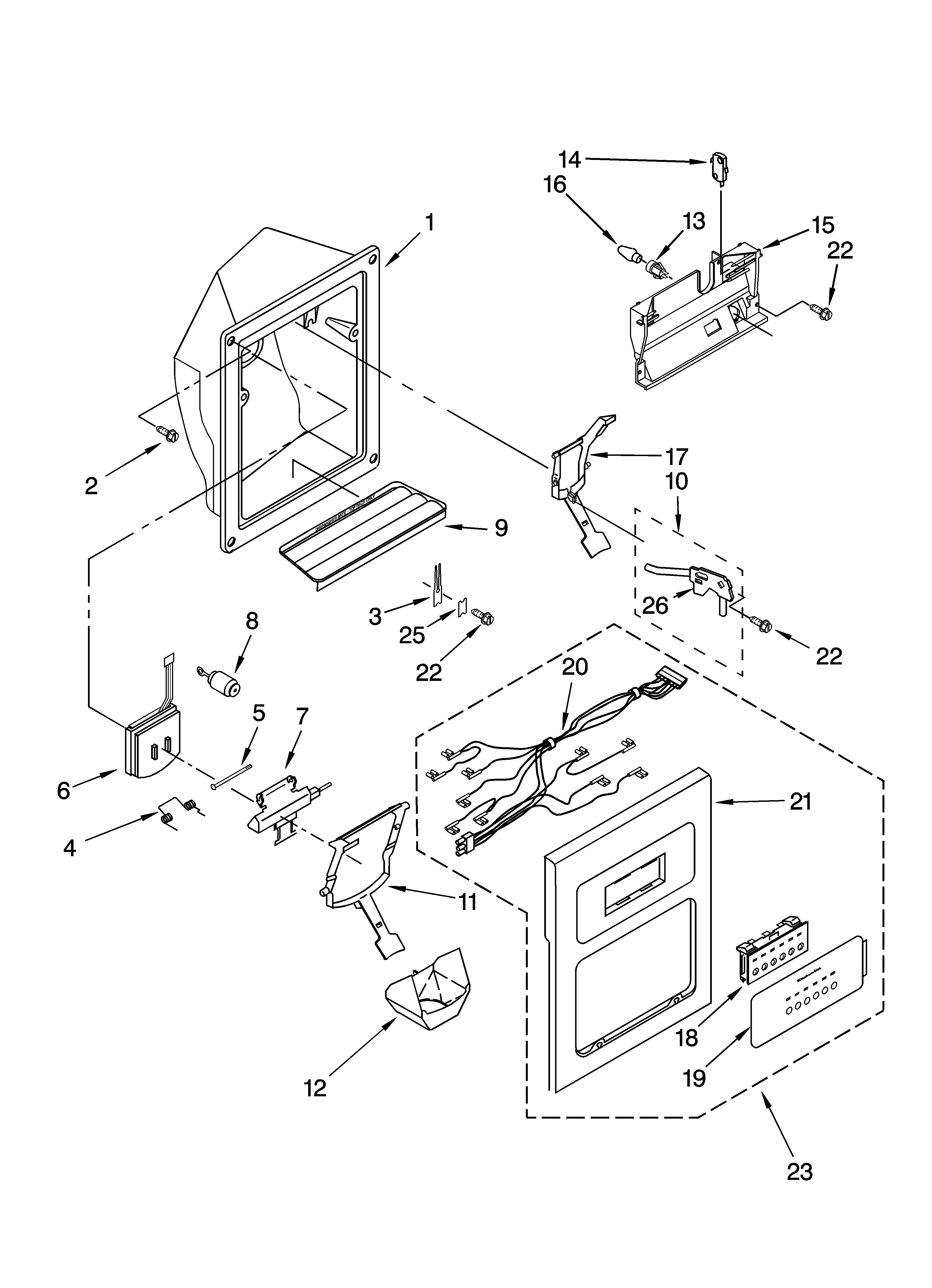KitchenAid KSRI22FNBT00 dispenser front parts diagram