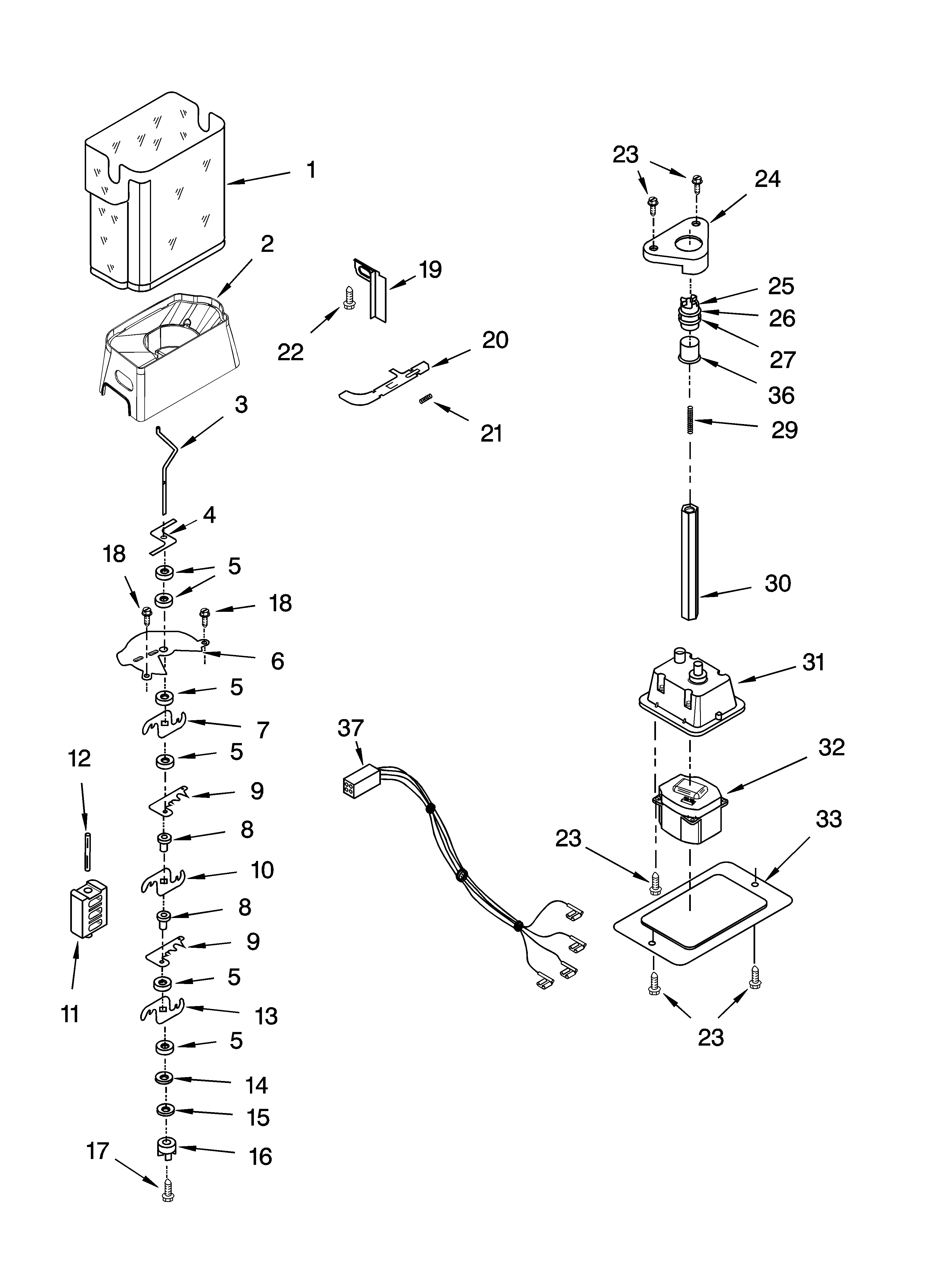 KitchenAid KSRL25FRWH00 motor and ice container parts diagram