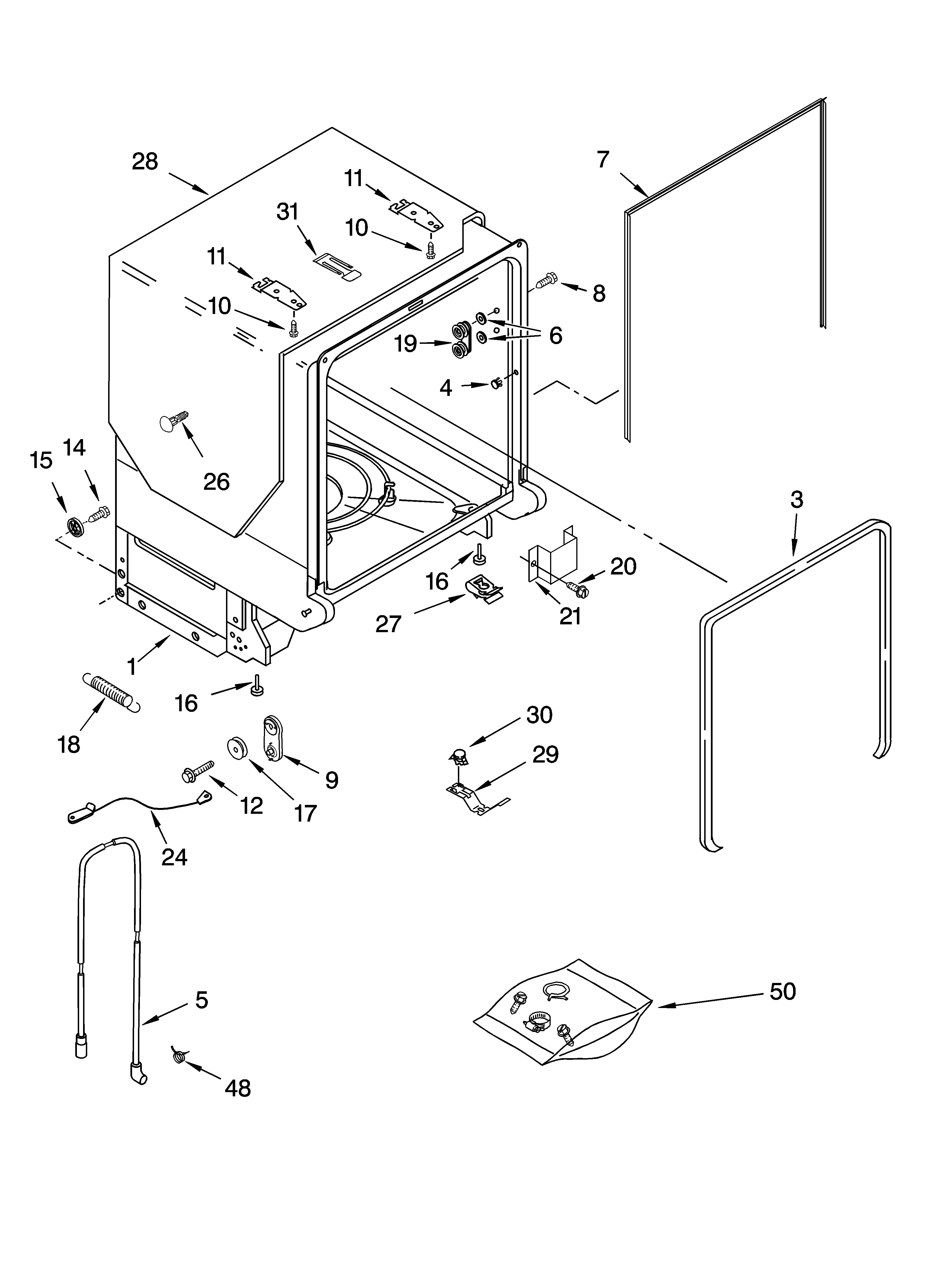 KitchenAid KUDI01DLWH6 tub and frame parts diagram