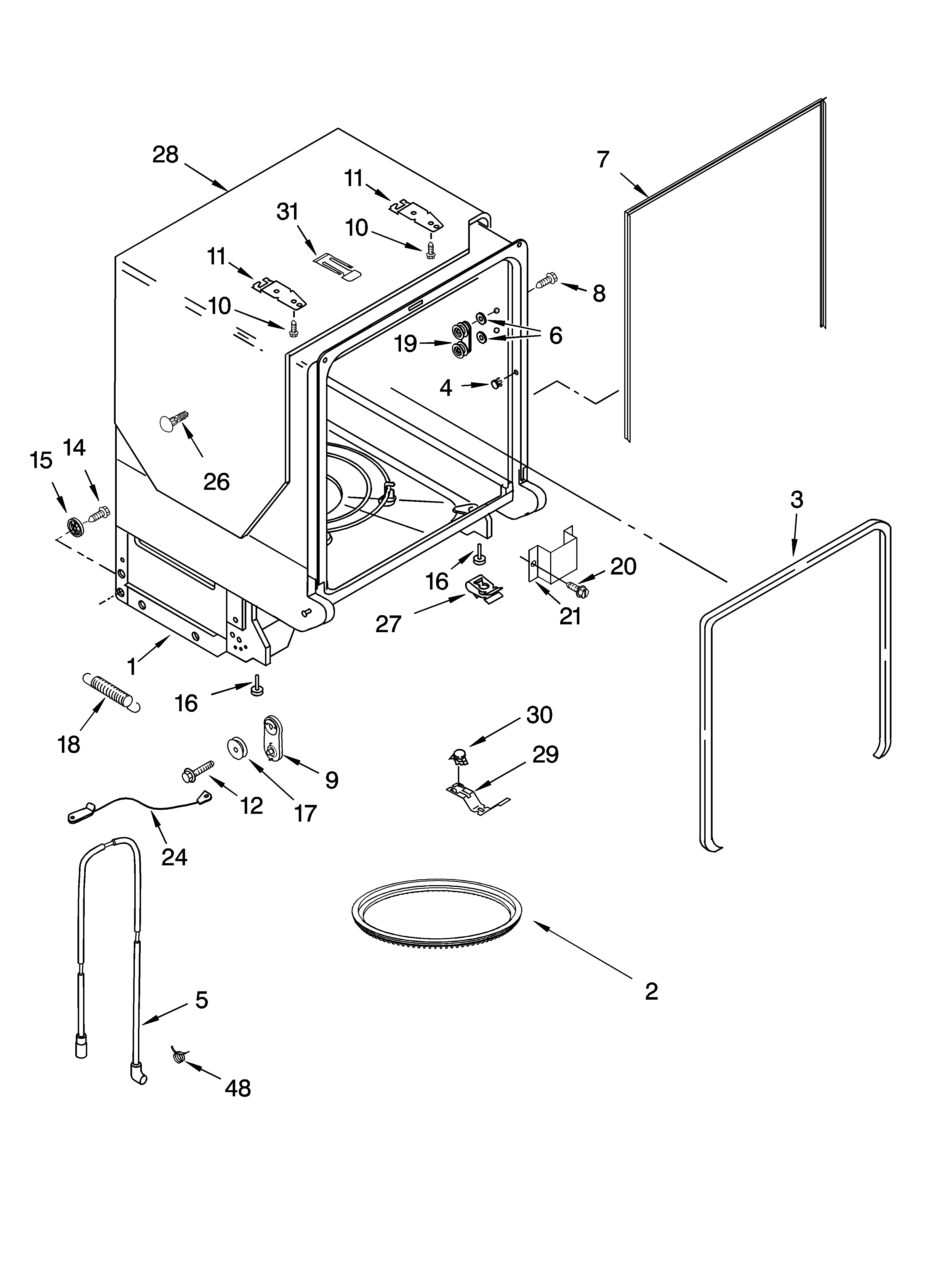 KitchenAid KUDI01FLBT0 tub and frame parts diagram