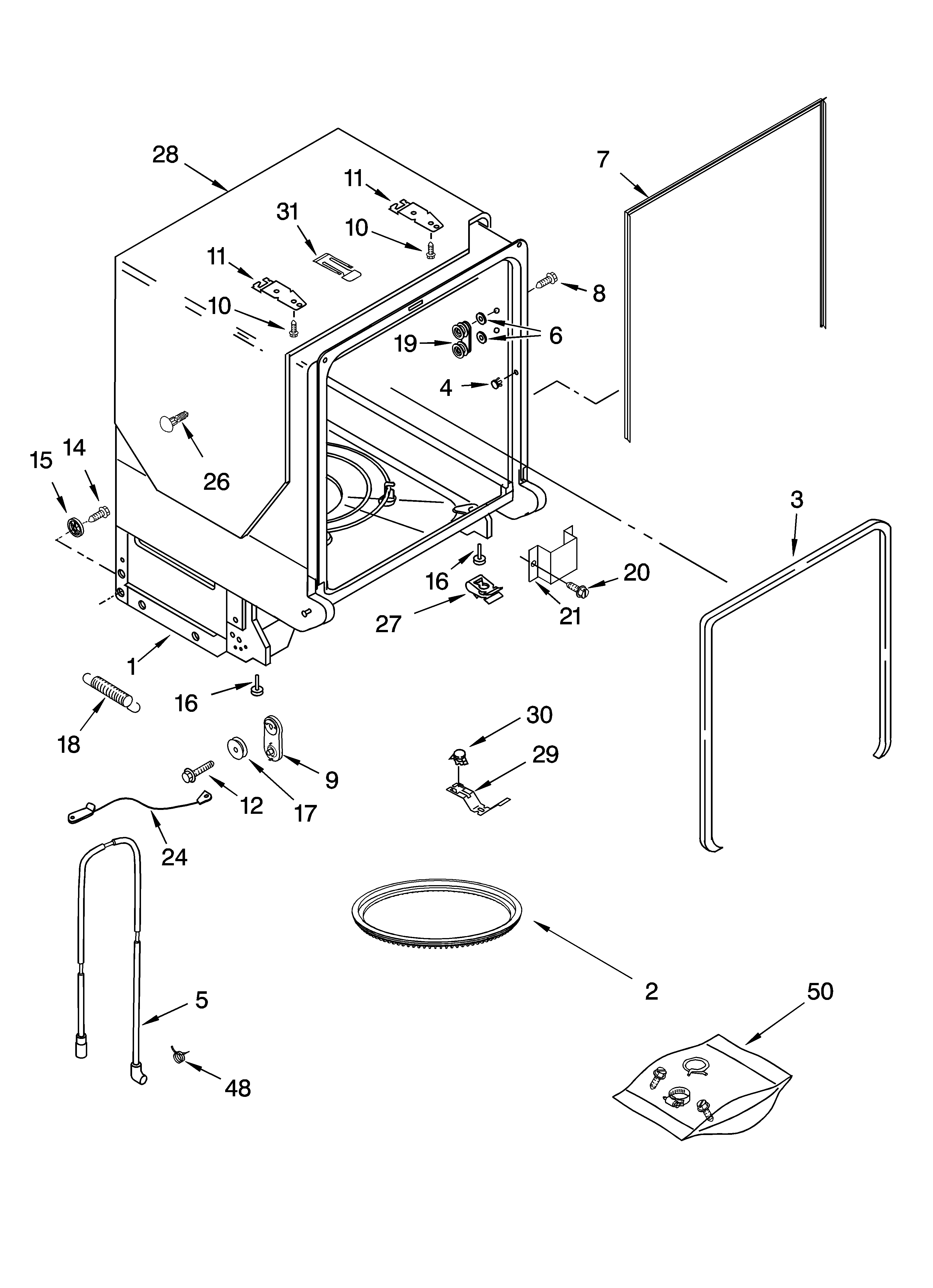 KitchenAid KUDI01FLBL3 tub and frame parts diagram