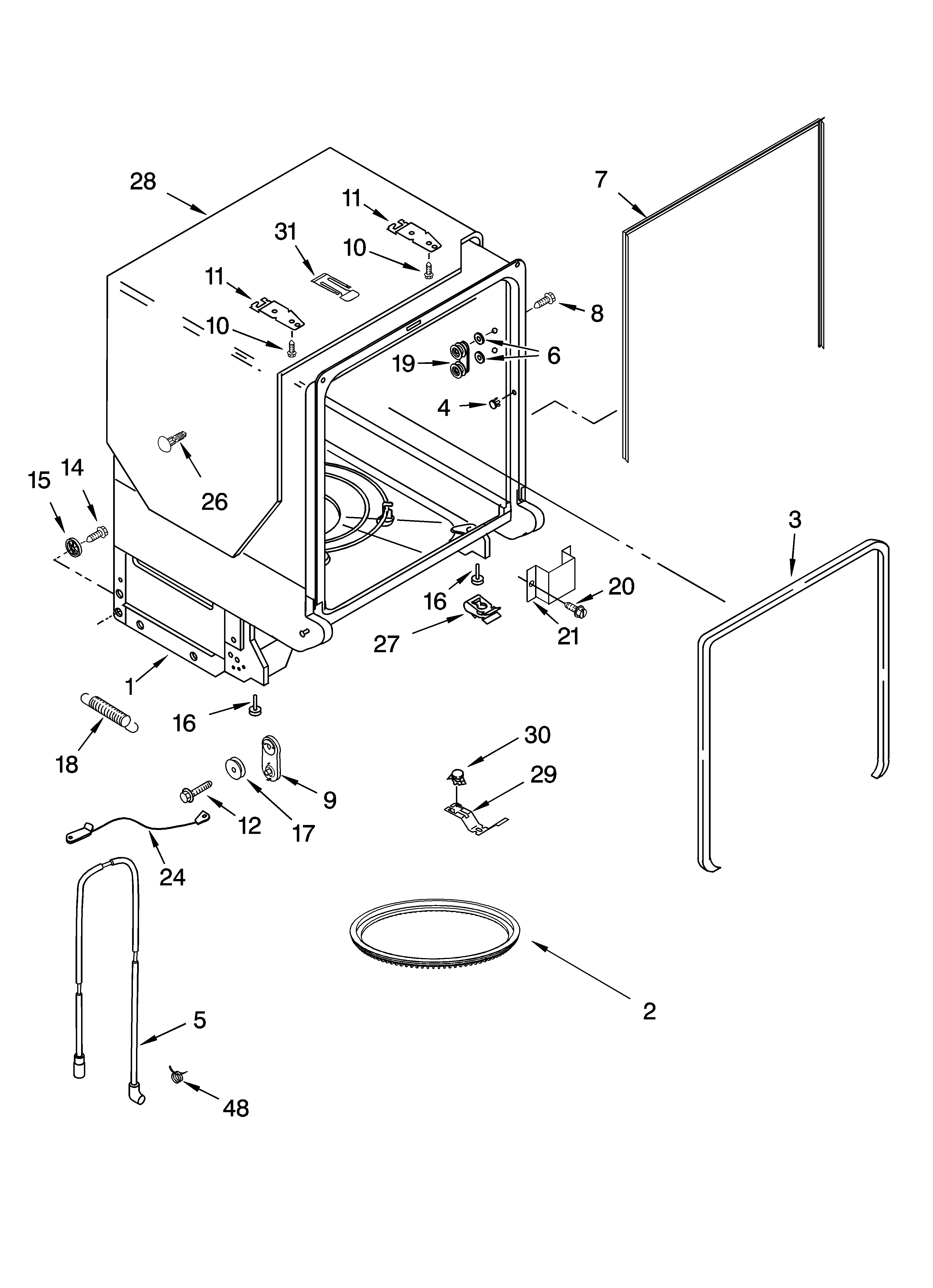 KitchenAid KUDI01ILWH2 tub and frame parts diagram