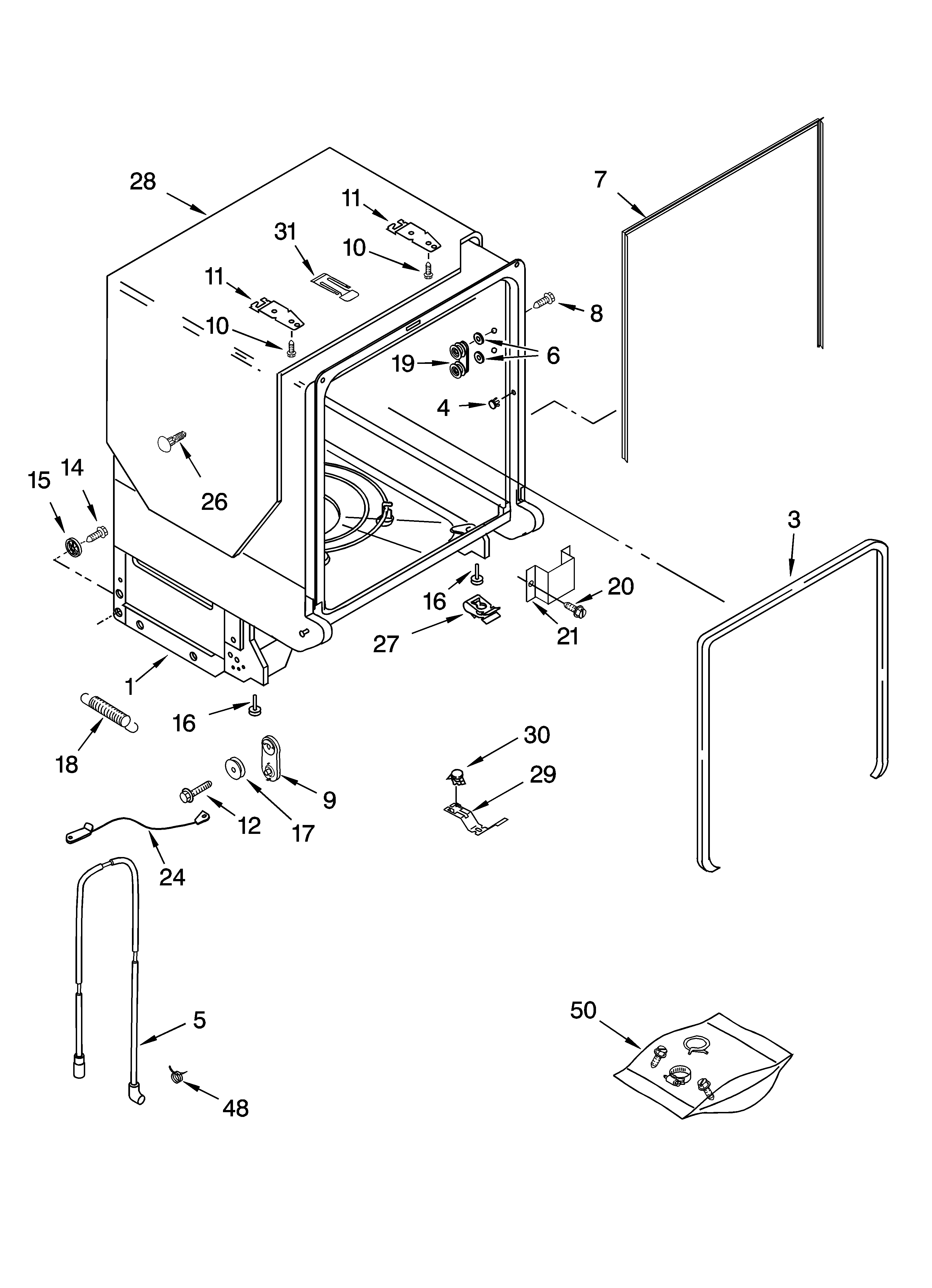 KitchenAid KUDI01ILBS6 tub and frame parts diagram