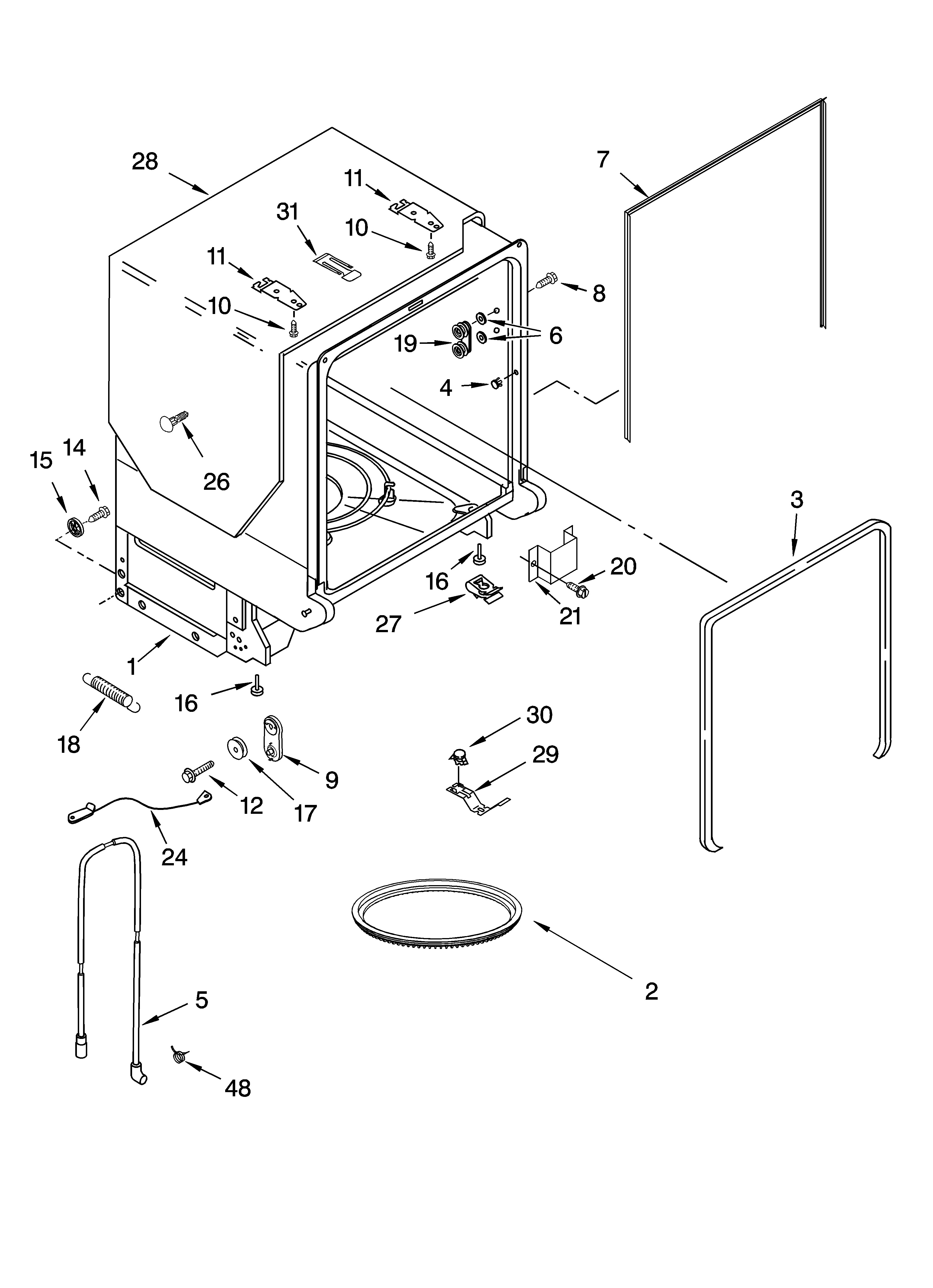 KitchenAid KUDI01TJWH1 tub and frame parts diagram